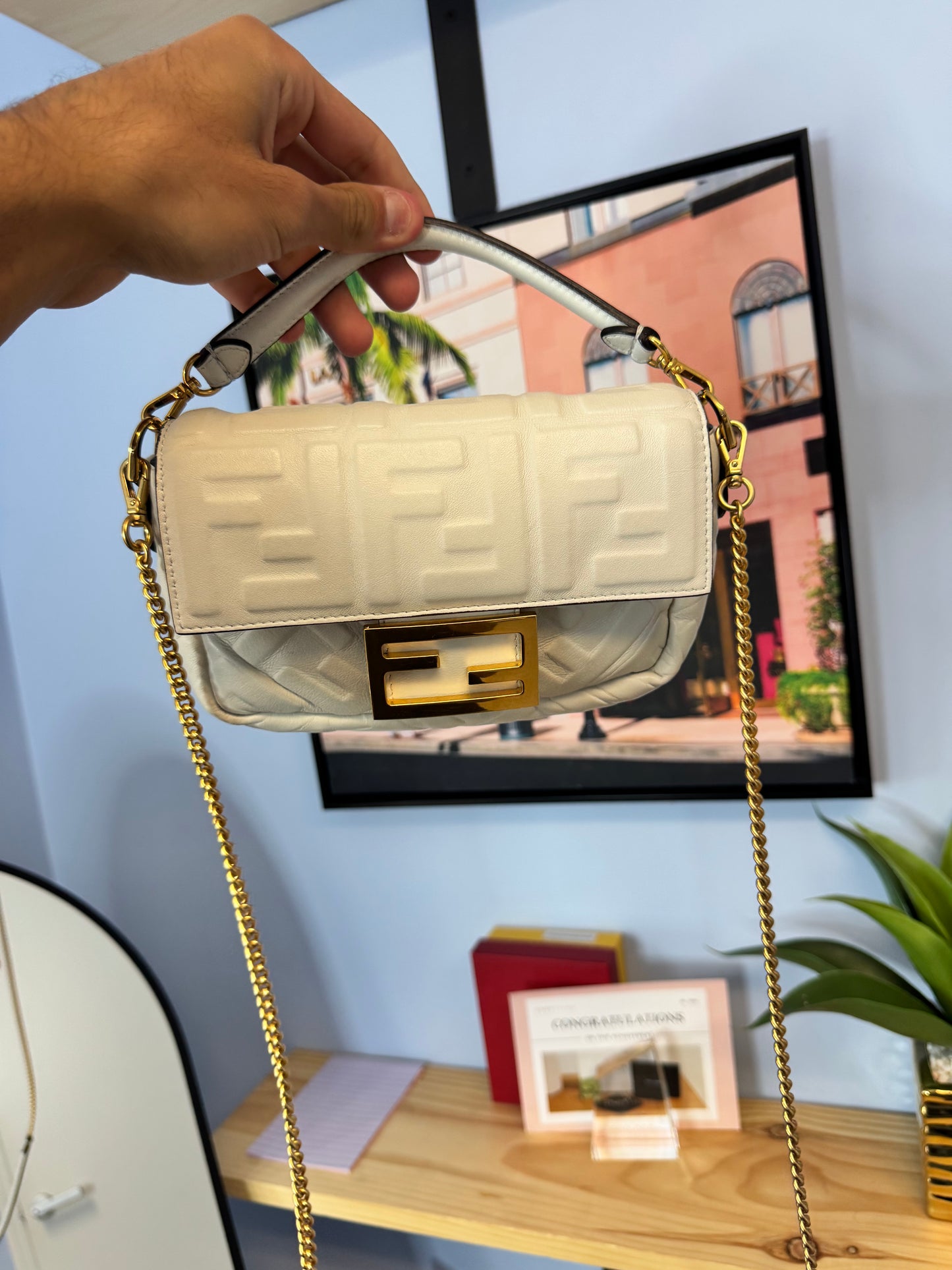 Fendi Nappa FF Embossed Mini Baguette White