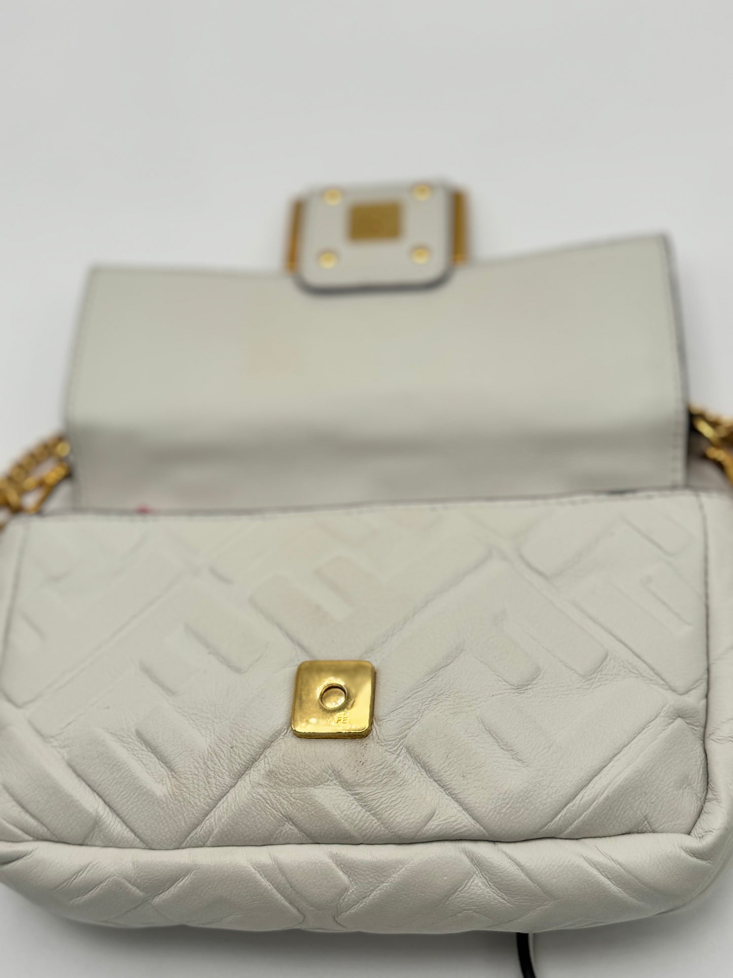 Fendi Nappa FF Embossed Mini Baguette White