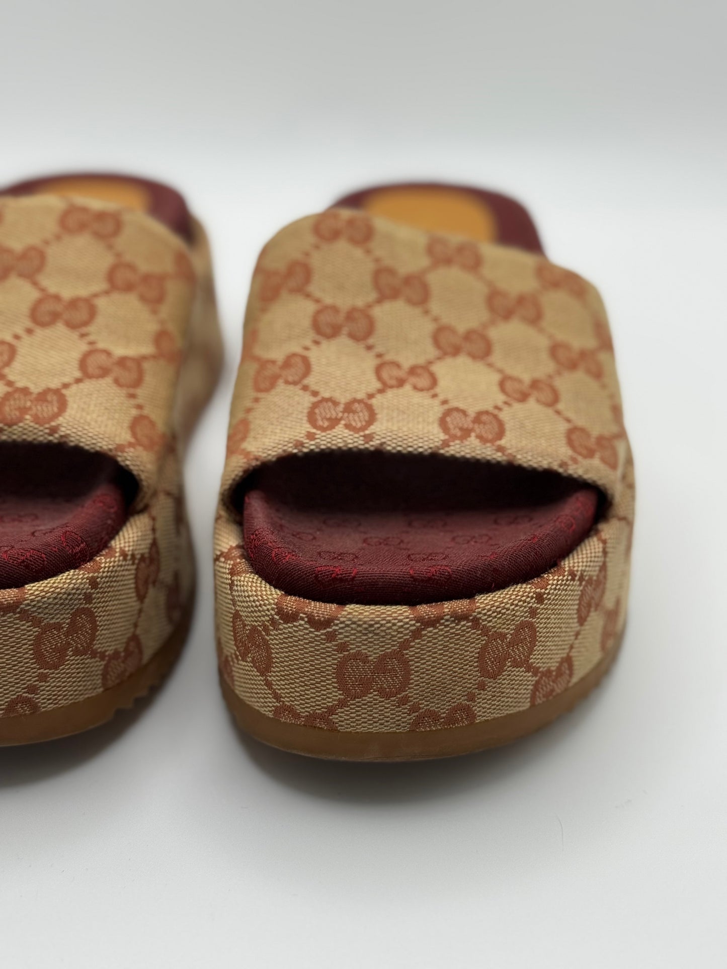 GUCCI Canvas GG Monogram Angelina Platform Slide Sandals 36 Beige Ruggine