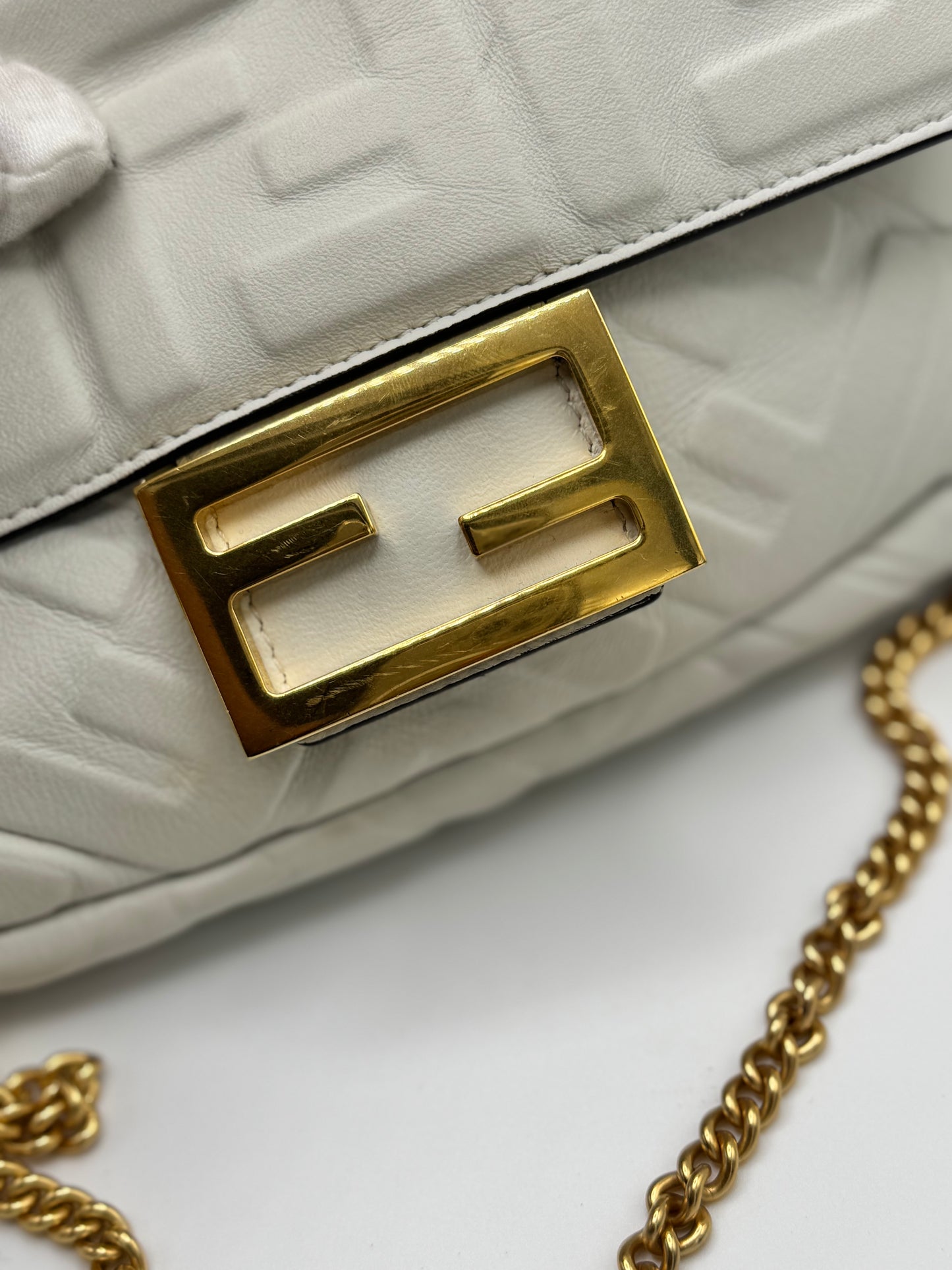 Fendi Nappa FF Embossed Mini Baguette White