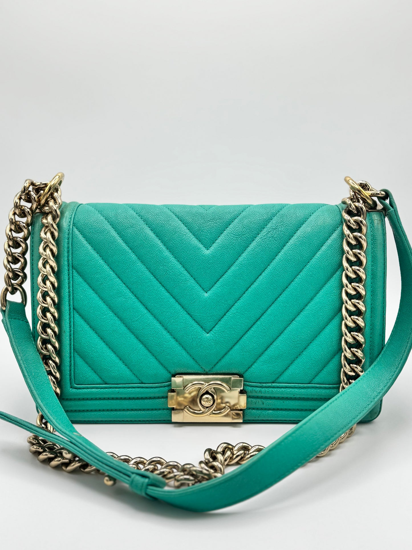 Chanel Caviar Chevron Quilted Medium Boy Flap Turquoise