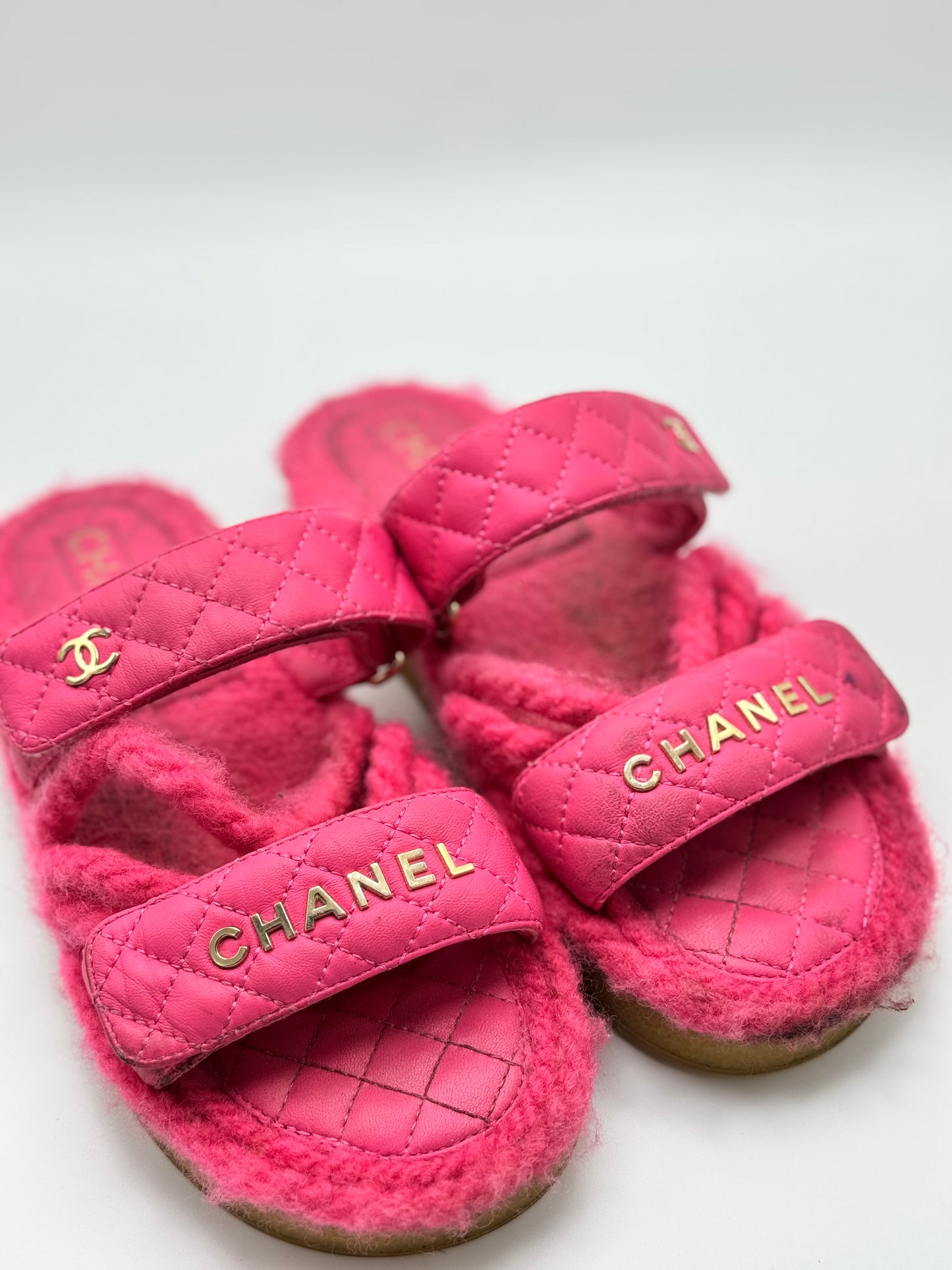 Chanel Cord Lambskin Quilted Logo Sandals 37 Pink