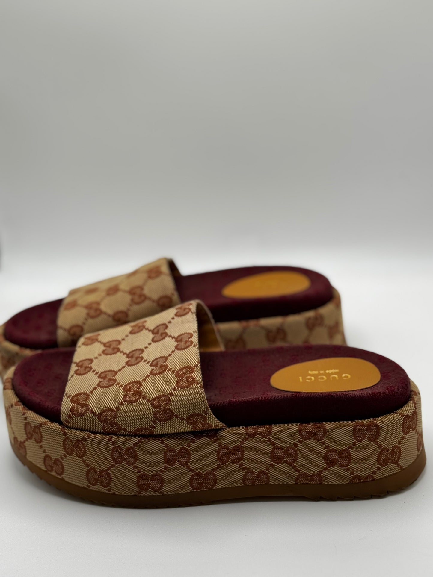 GUCCI Canvas GG Monogram Angelina Platform Slide Sandals 36 Beige Ruggine