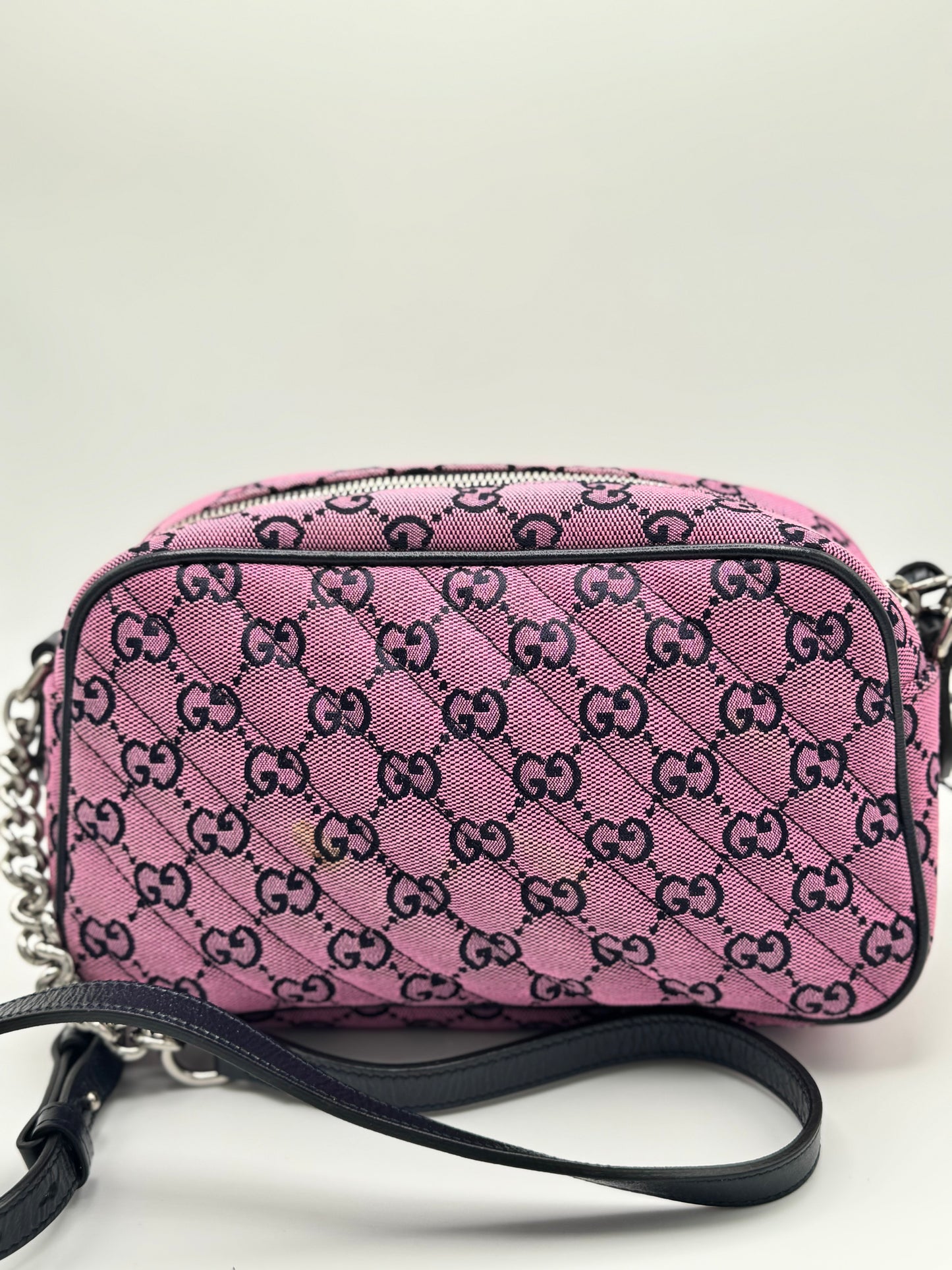 Gucci Monogram Multicolor Matelasse Diagonal Small GG Marmont Chain Shoulder Bag Pink Blue