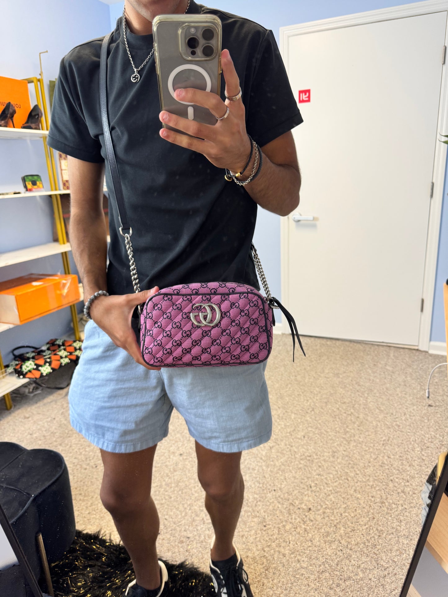 Gucci Monogram Multicolor Matelasse Diagonal Small GG Marmont Chain Shoulder Bag Pink Blue