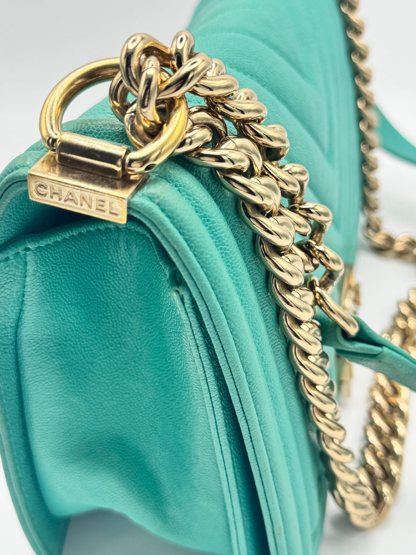 Chanel Caviar Chevron Quilted Medium Boy Flap Turquoise