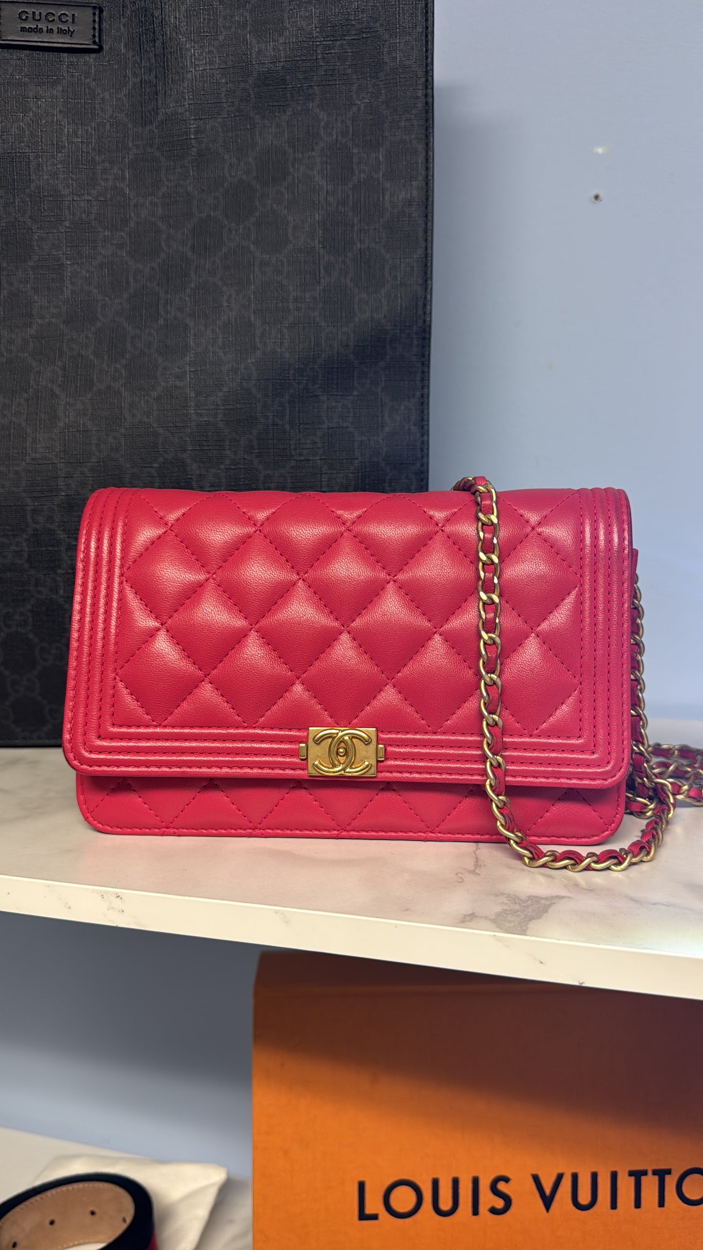 Chanel Boy Lambskin Wallet On Chain Pink Gold Metal