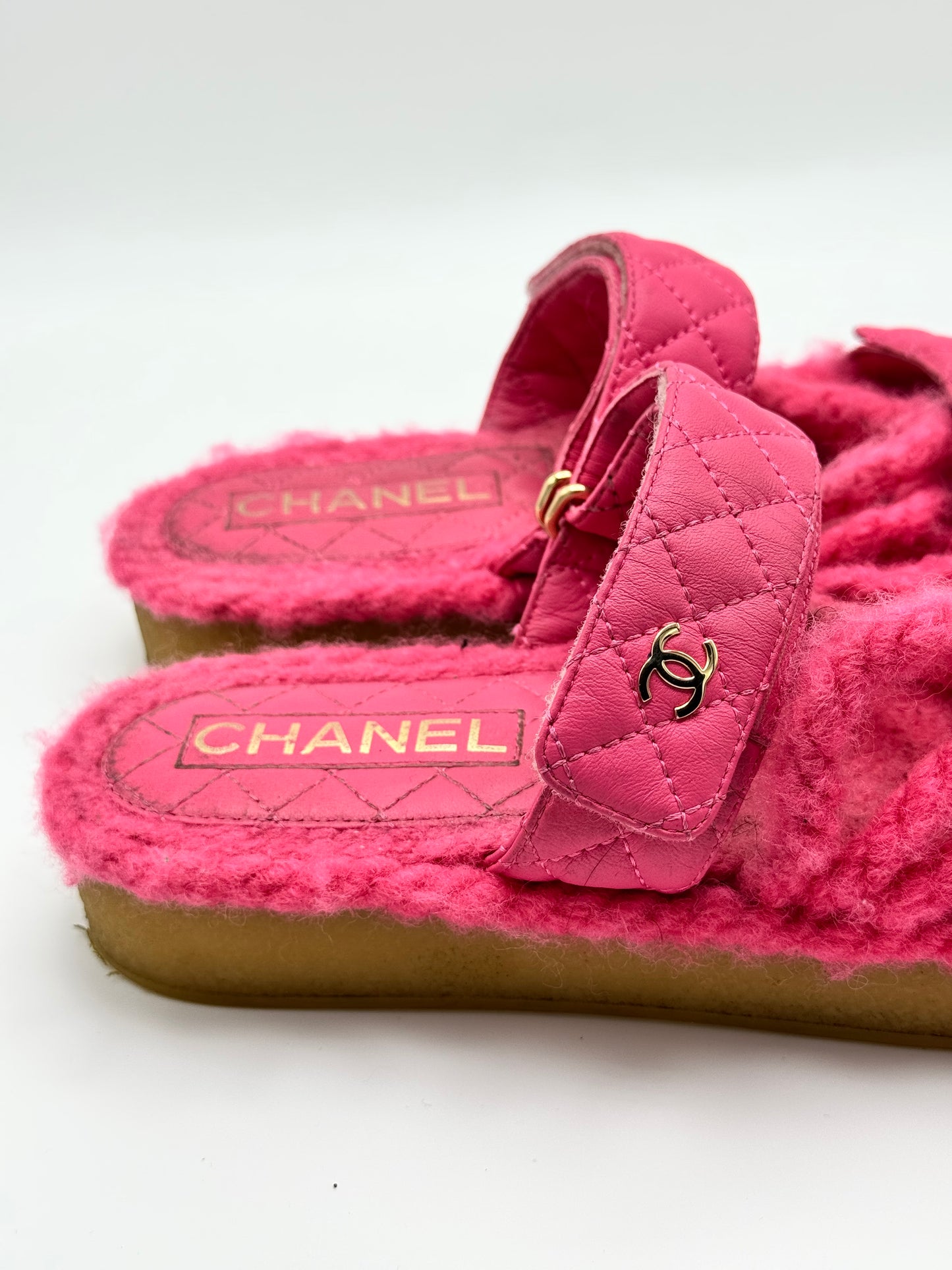 Chanel Cord Lambskin Quilted Logo Sandals 37 Pink