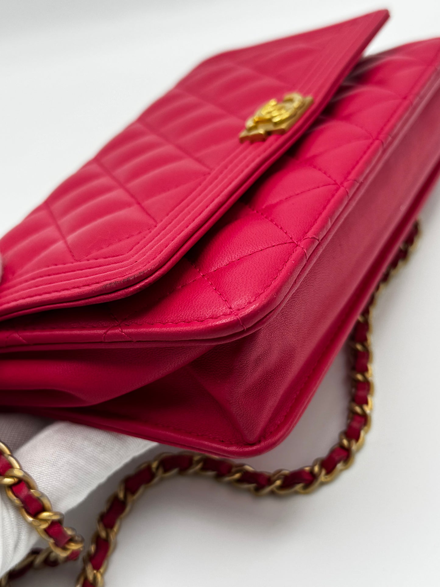 Chanel Boy Lambskin Wallet On Chain Pink Gold Metal