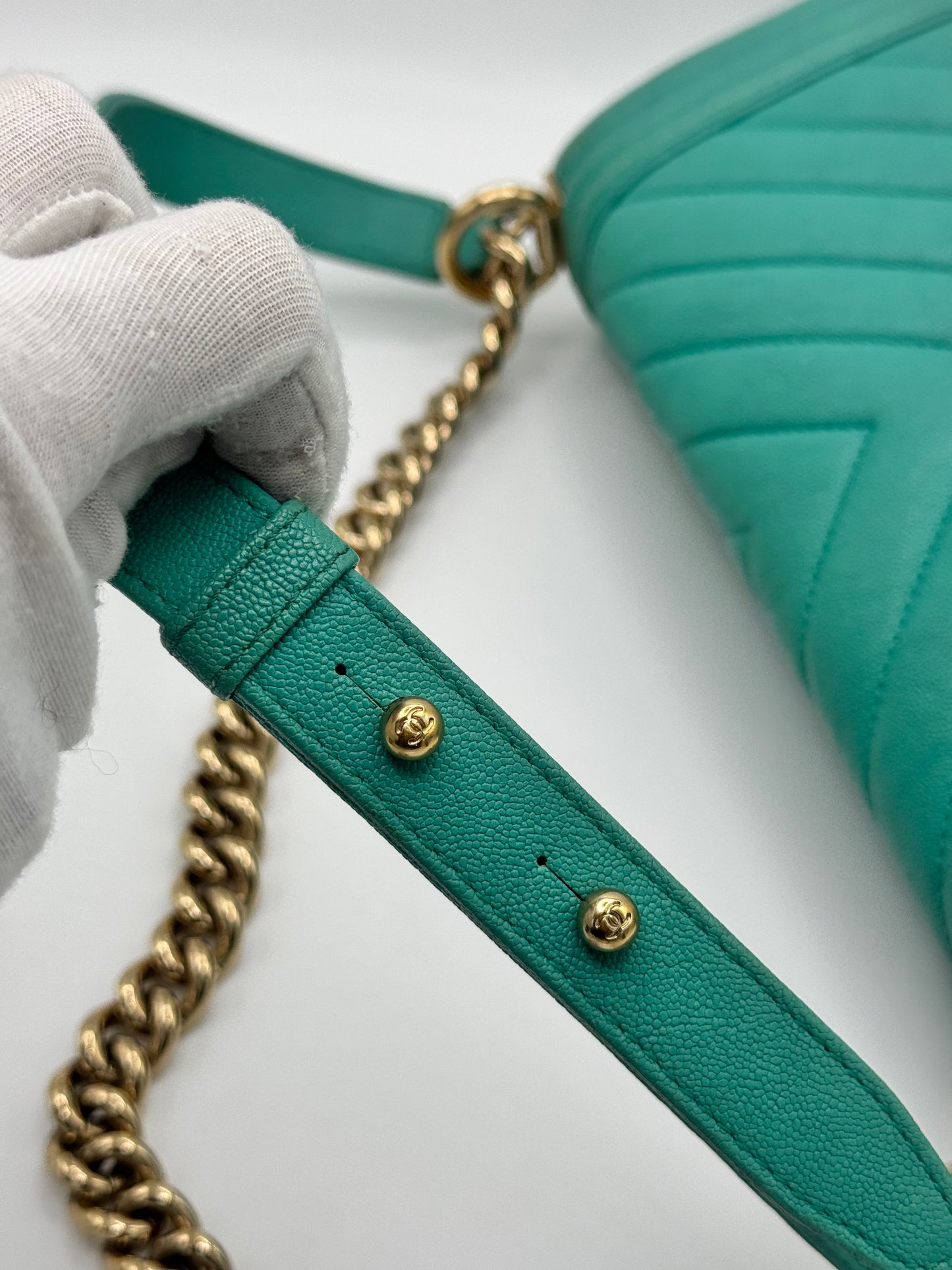 Chanel Caviar Chevron Quilted Medium Boy Flap Turquoise