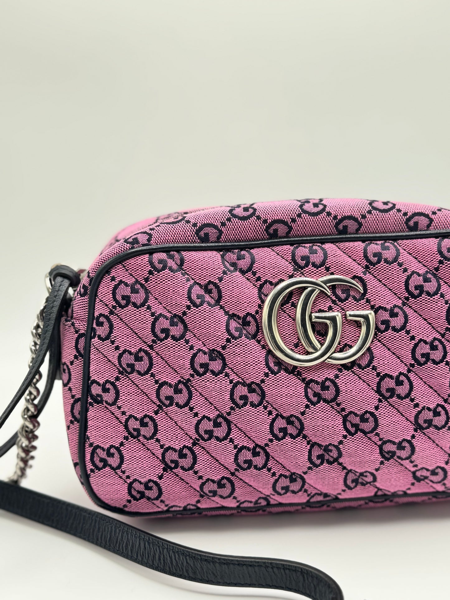 Gucci Monogram Multicolor Matelasse Diagonal Small GG Marmont Chain Shoulder Bag Pink Blue