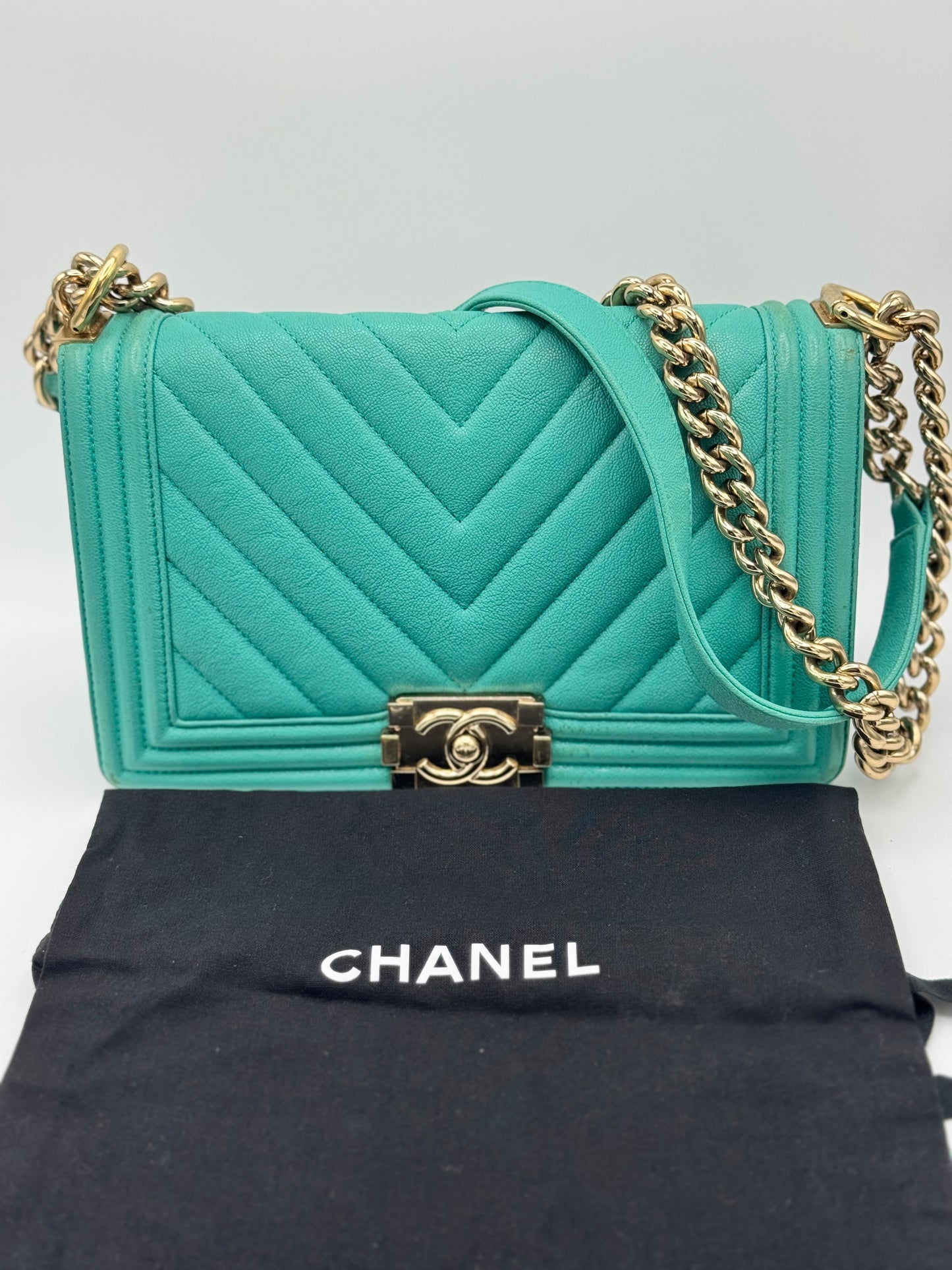 Chanel Caviar Chevron Quilted Medium Boy Flap Turquoise