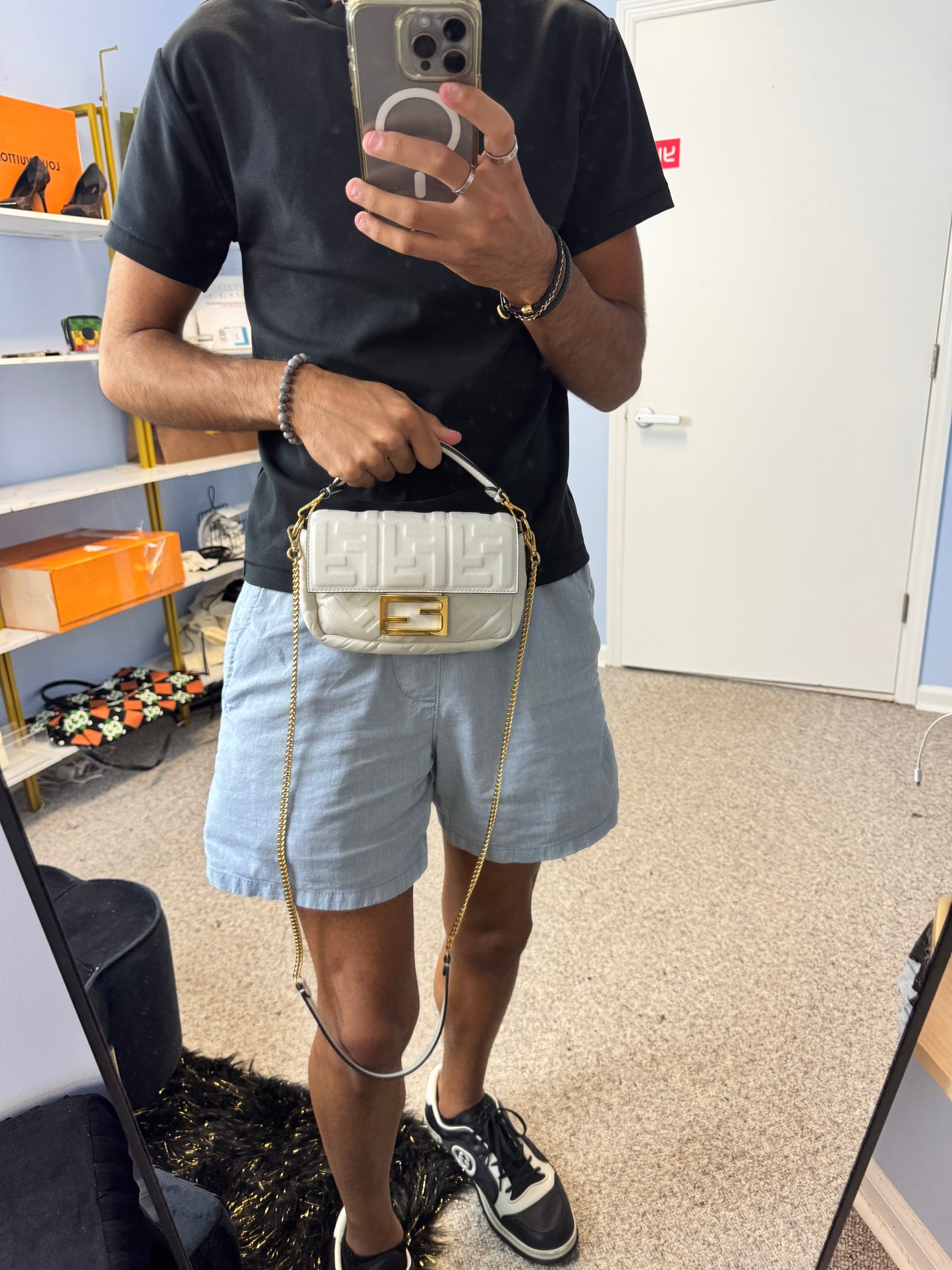 Fendi Nappa FF Embossed Mini Baguette White