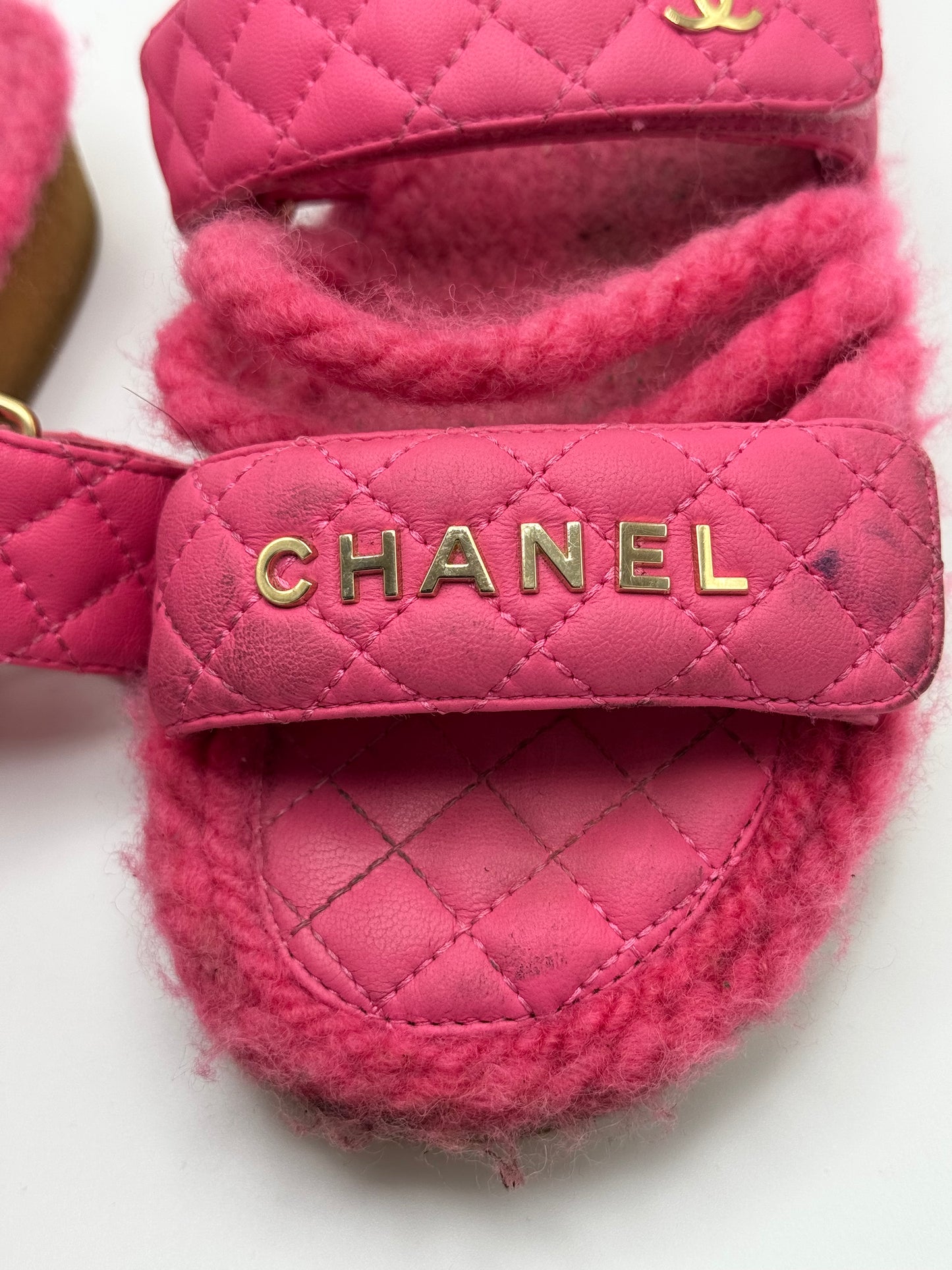 Chanel Cord Lambskin Quilted Logo Sandals 37 Pink