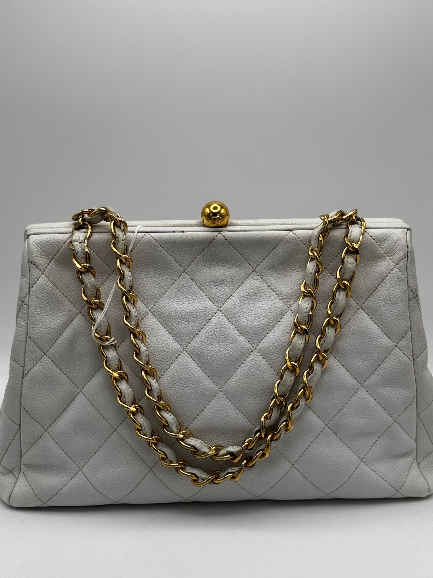 Chanel Matelasse Quilted Caviar Skin White Kisslock Bag
