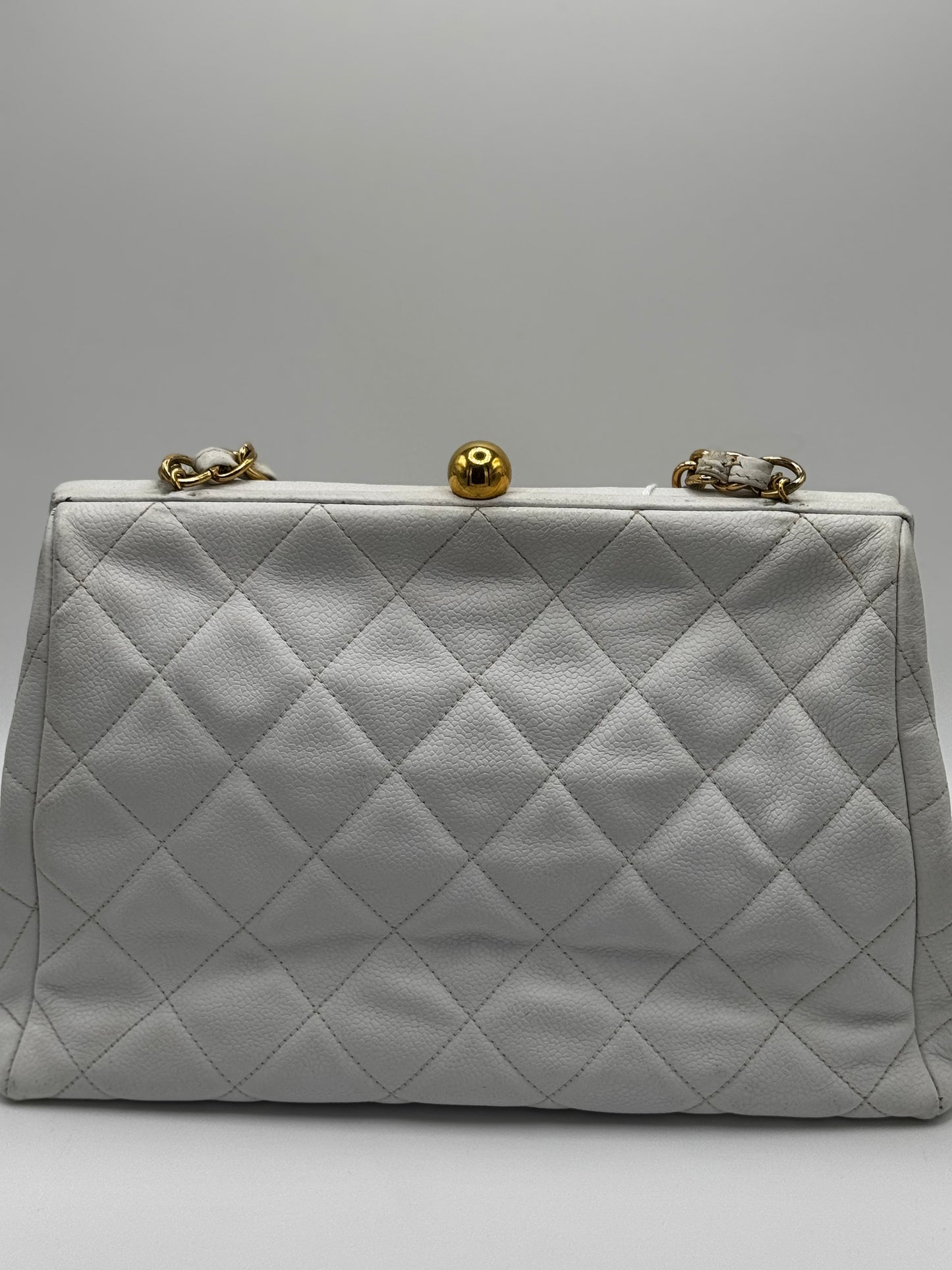 Chanel Matelasse Quilted Caviar Skin White Kisslock Bag