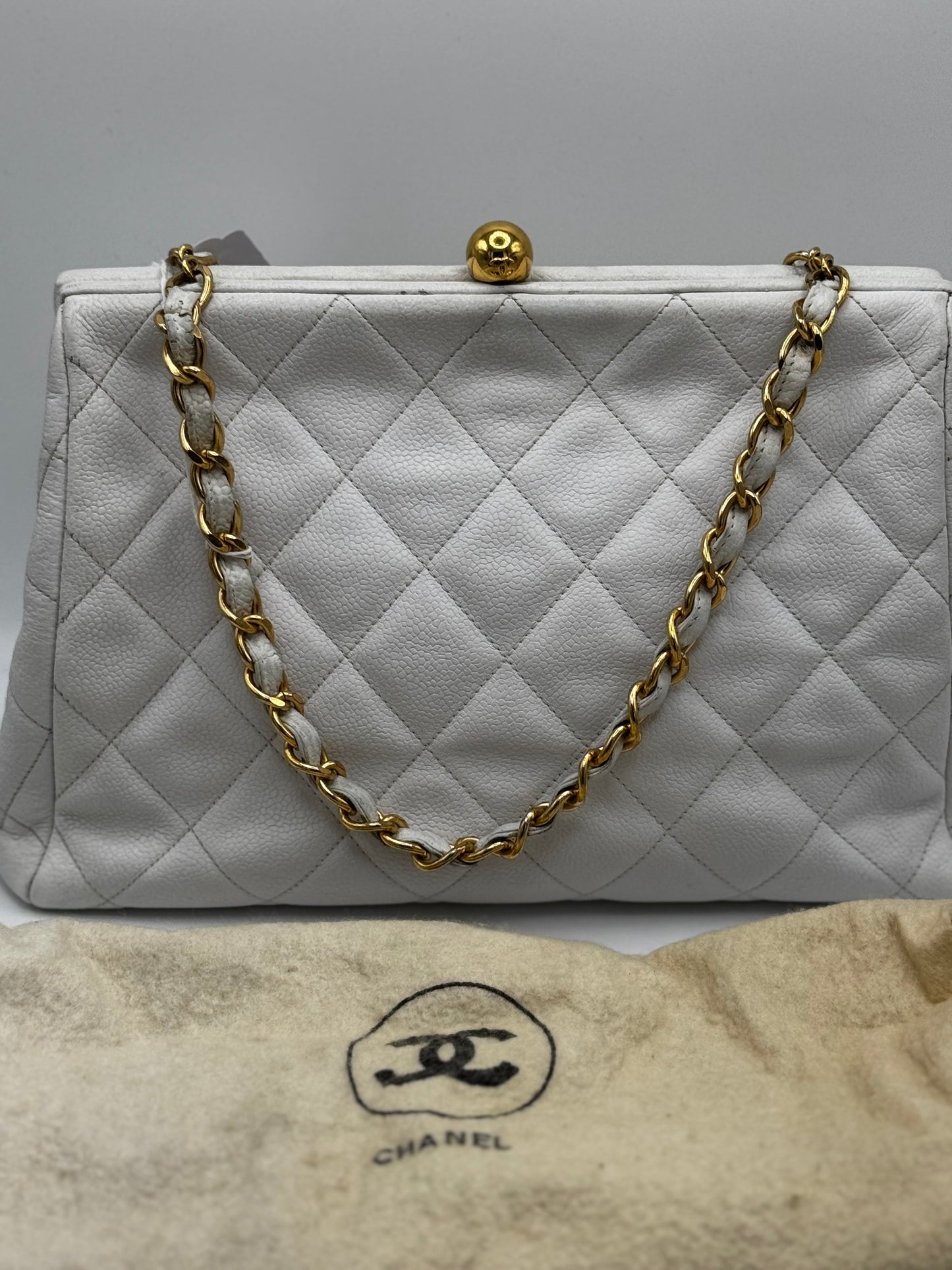 Chanel Matelasse Quilted Caviar Skin White Kisslock Bag
