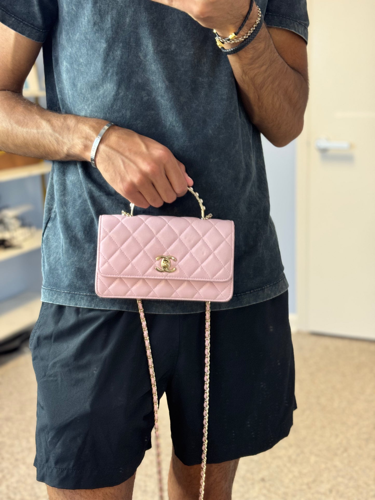 Chanel Lambskin Pearl Top Handle Wallet On Chain WOC Light Pink