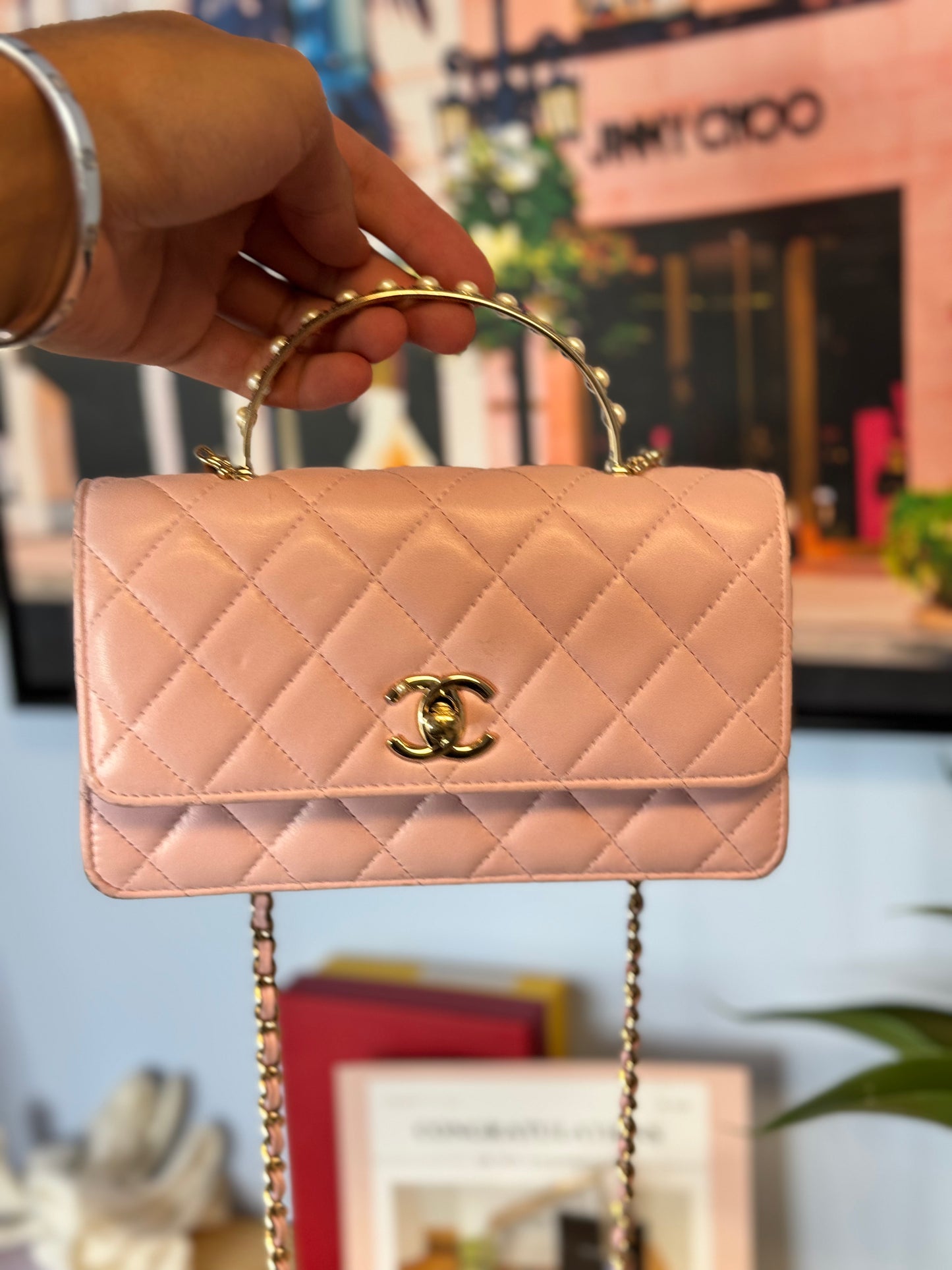 Chanel Lambskin Pearl Top Handle Wallet On Chain WOC Light Pink