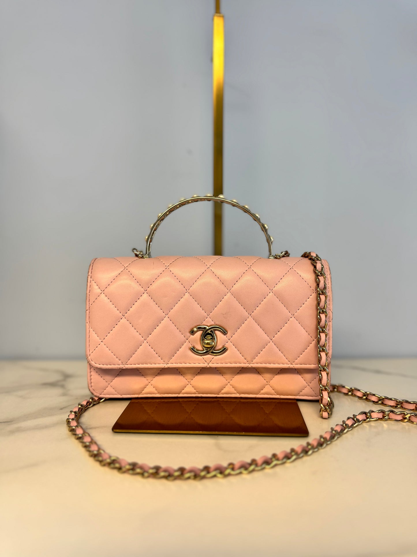 Chanel Lambskin Pearl Top Handle Wallet On Chain WOC Light Pink
