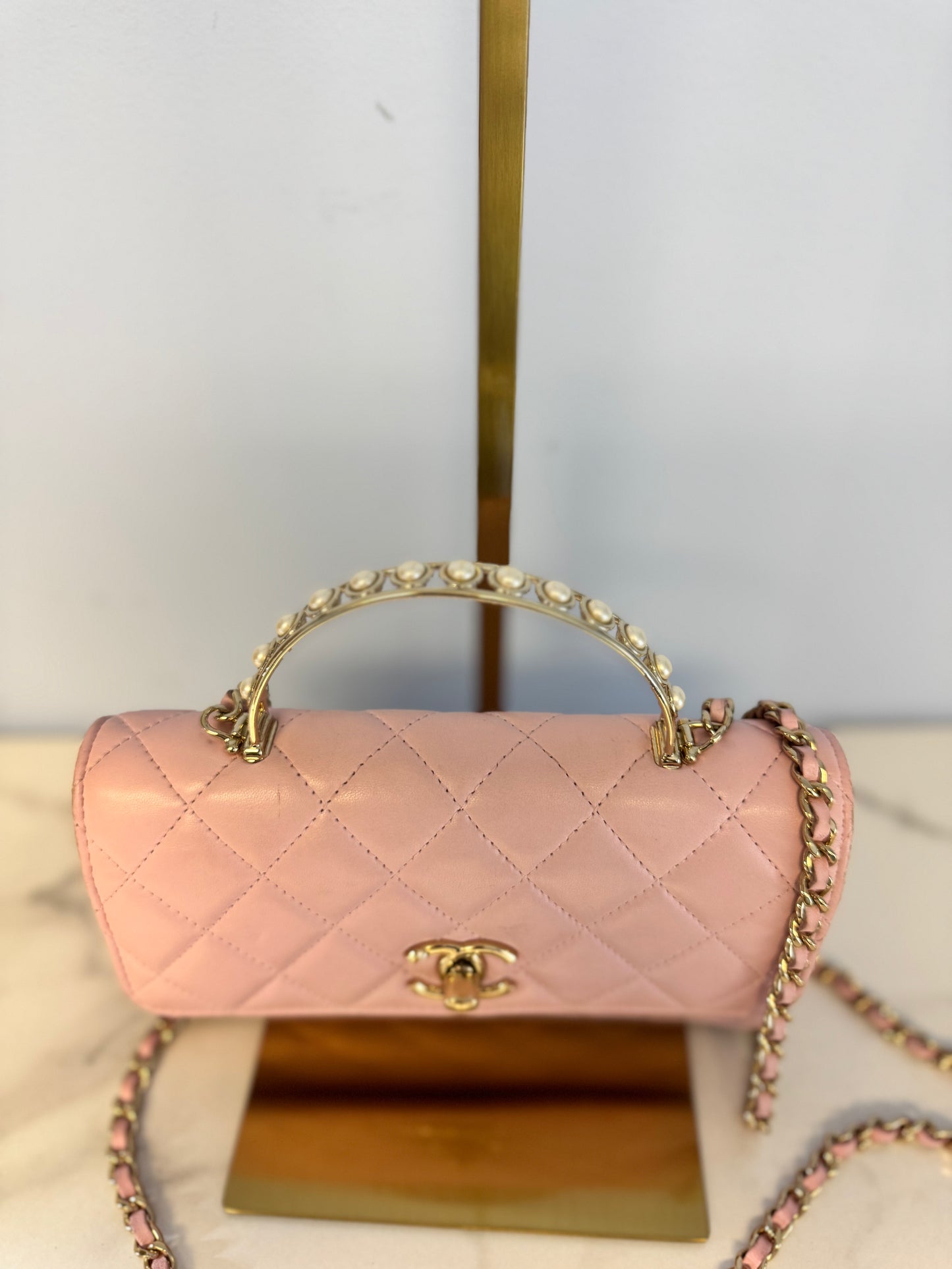 Chanel Lambskin Pearl Top Handle Wallet On Chain WOC Light Pink