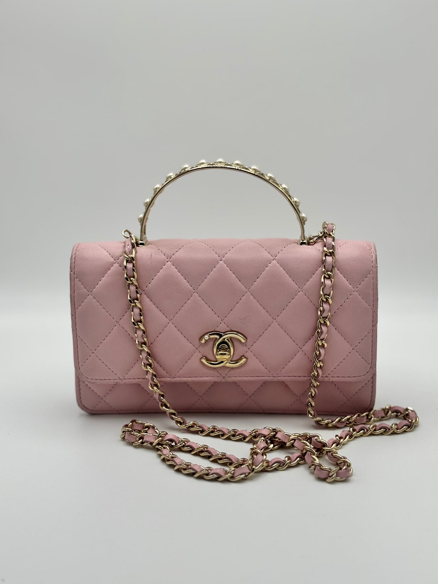 Chanel Lambskin Pearl Top Handle Wallet On Chain WOC Light Pink