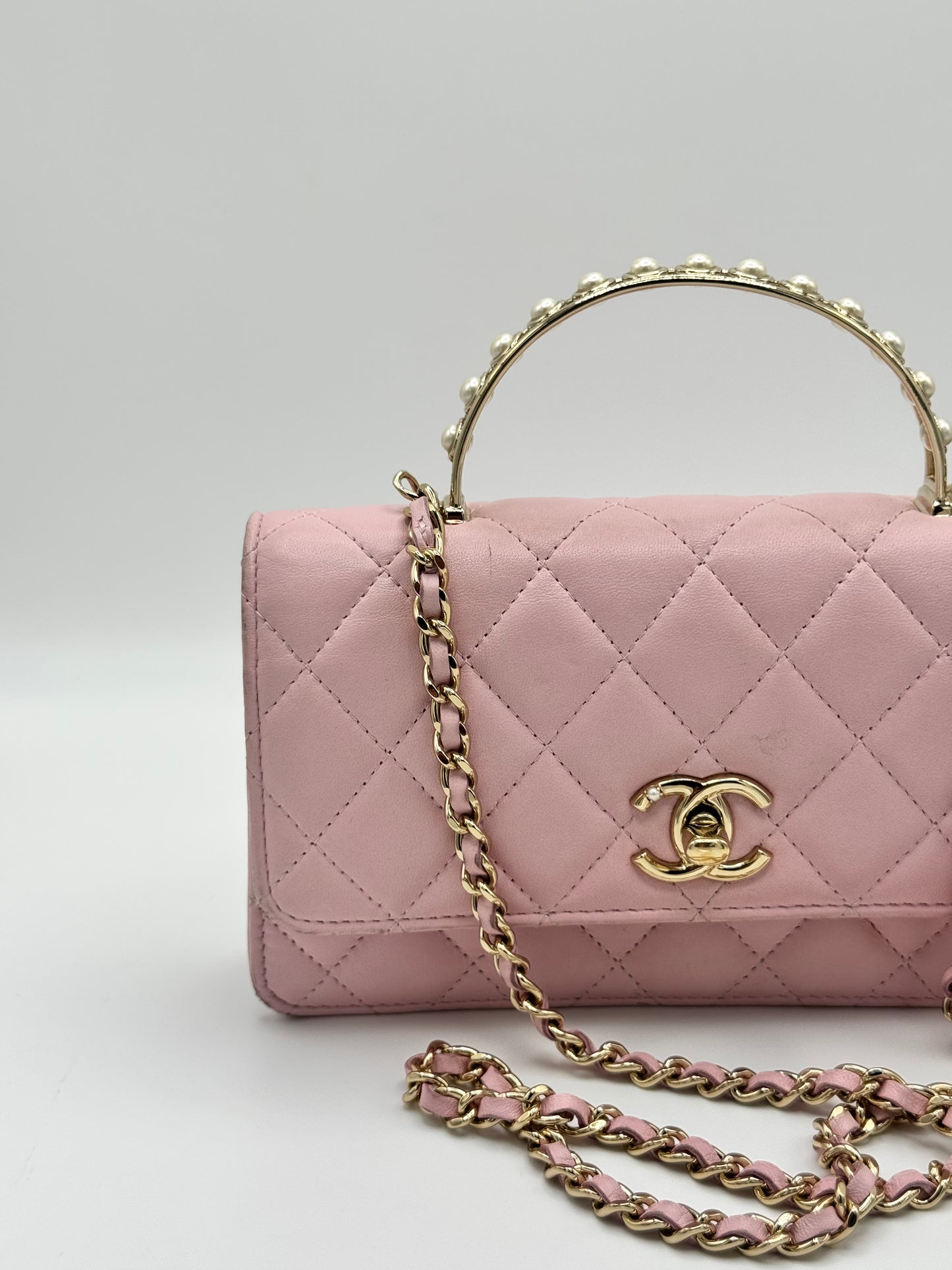 Chanel Lambskin Pearl Top Handle Wallet On Chain WOC Light Pink