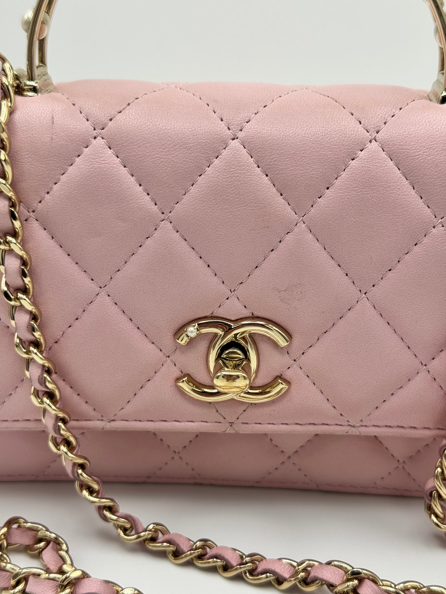 Chanel Lambskin Pearl Top Handle Wallet On Chain WOC Light Pink