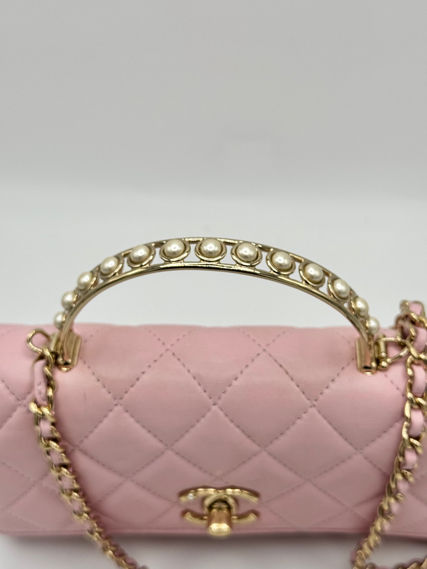 Chanel Lambskin Pearl Top Handle Wallet On Chain WOC Light Pink