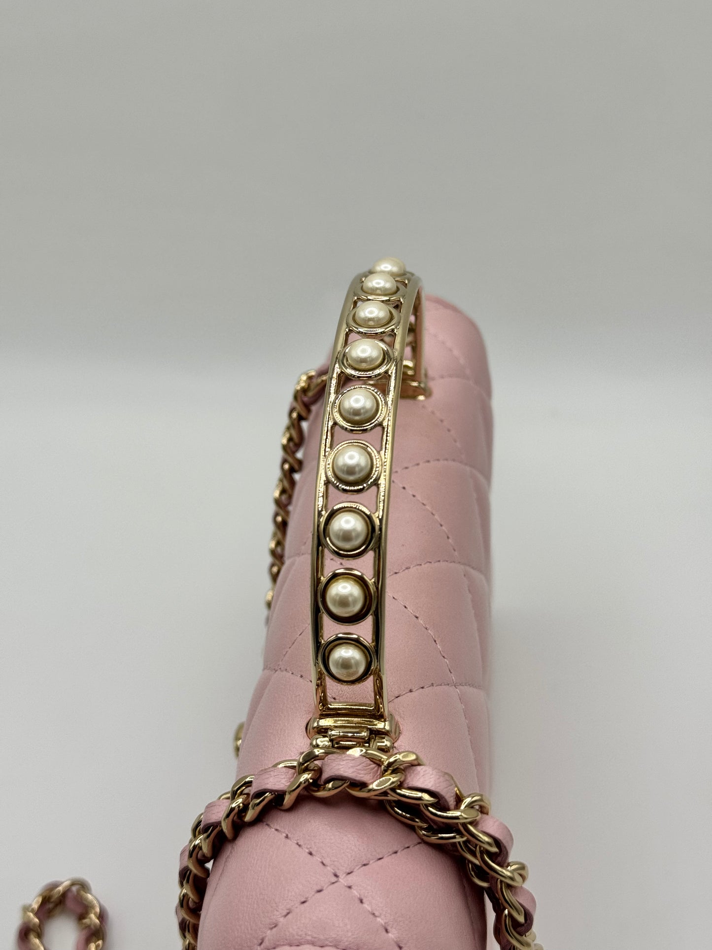 Chanel Lambskin Pearl Top Handle Wallet On Chain WOC Light Pink