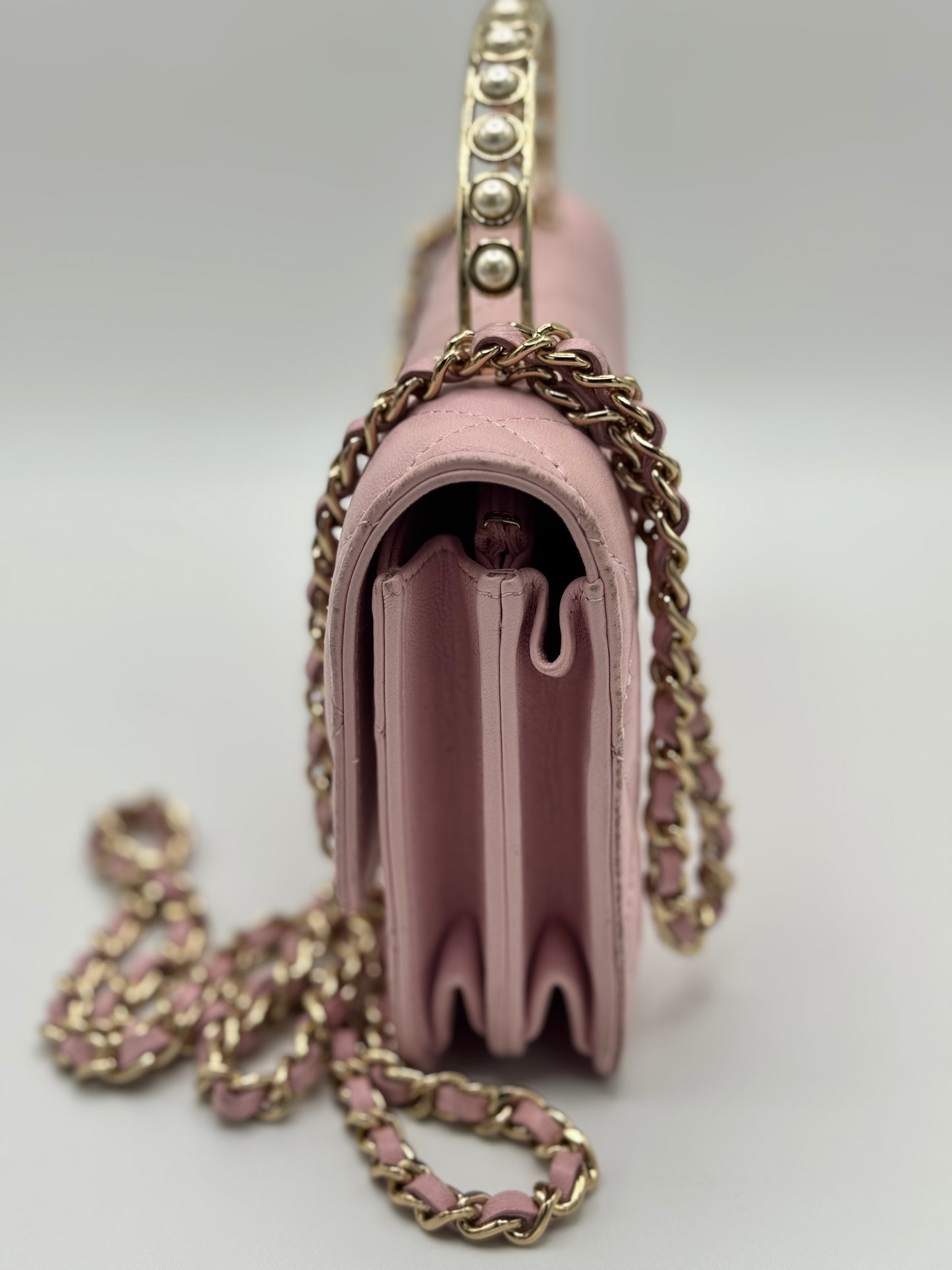 Chanel Lambskin Pearl Top Handle Wallet On Chain WOC Light Pink