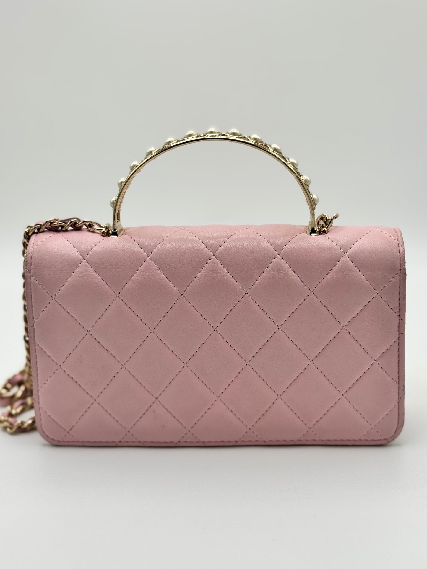 Chanel Lambskin Pearl Top Handle Wallet On Chain WOC Light Pink