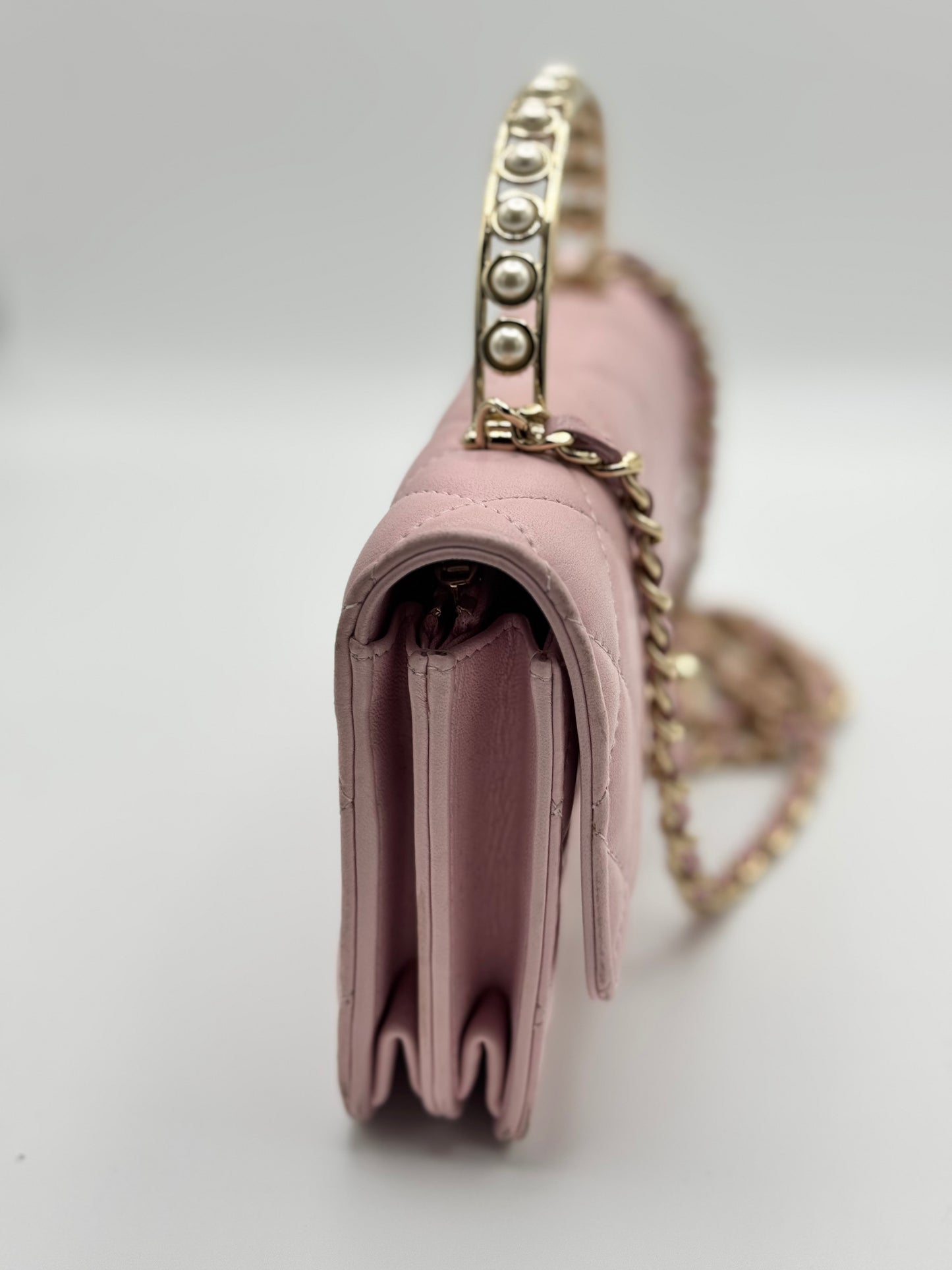 Chanel Lambskin Pearl Top Handle Wallet On Chain WOC Light Pink