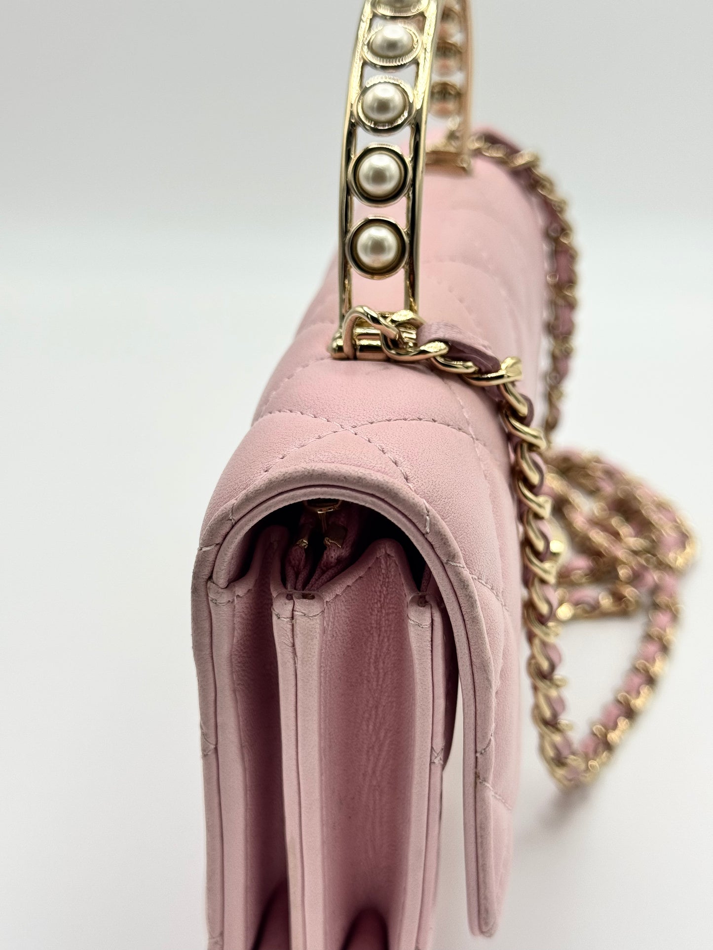 Chanel Lambskin Pearl Top Handle Wallet On Chain WOC Light Pink