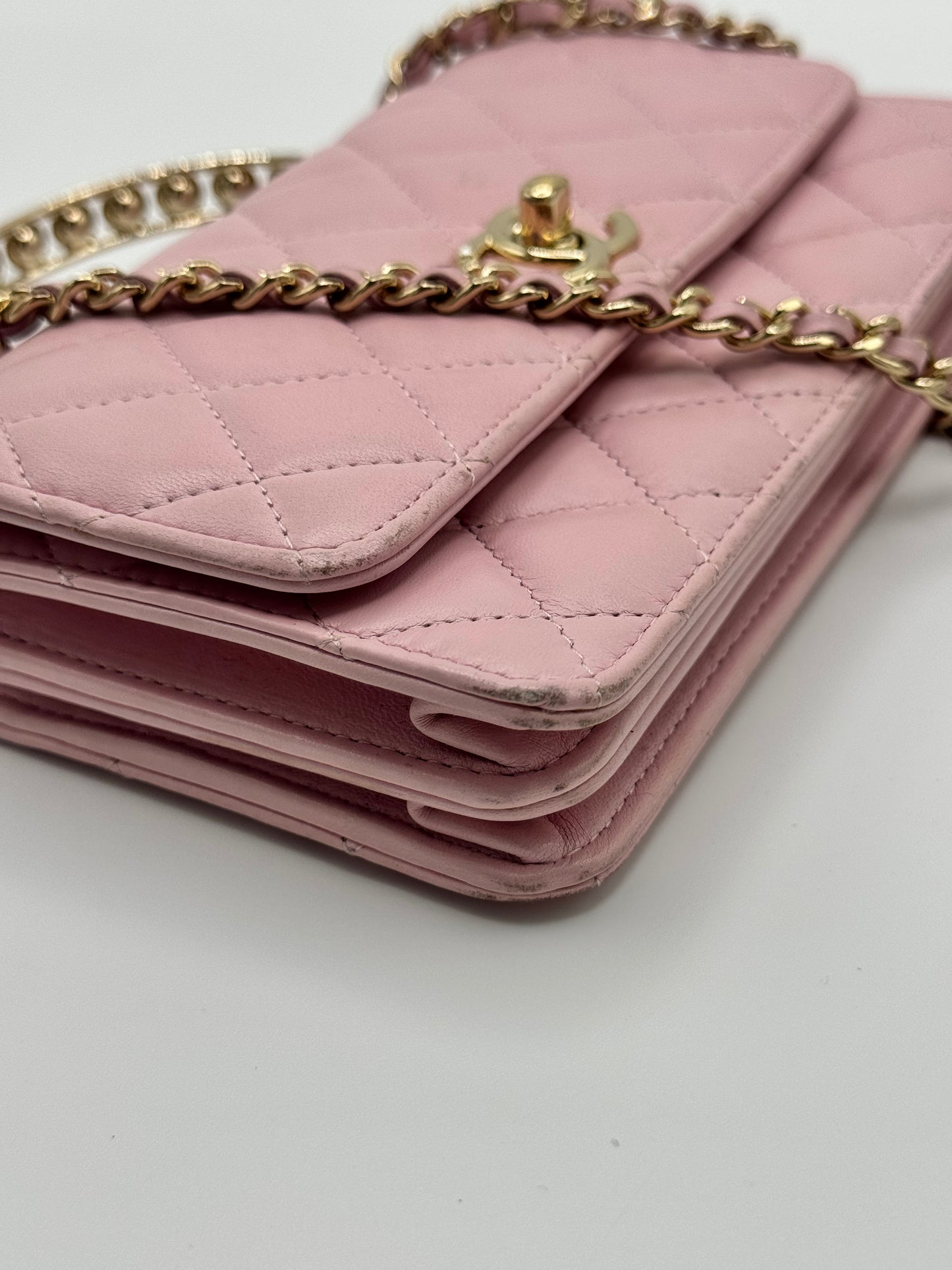 Chanel Lambskin Pearl Top Handle Wallet On Chain WOC Light Pink