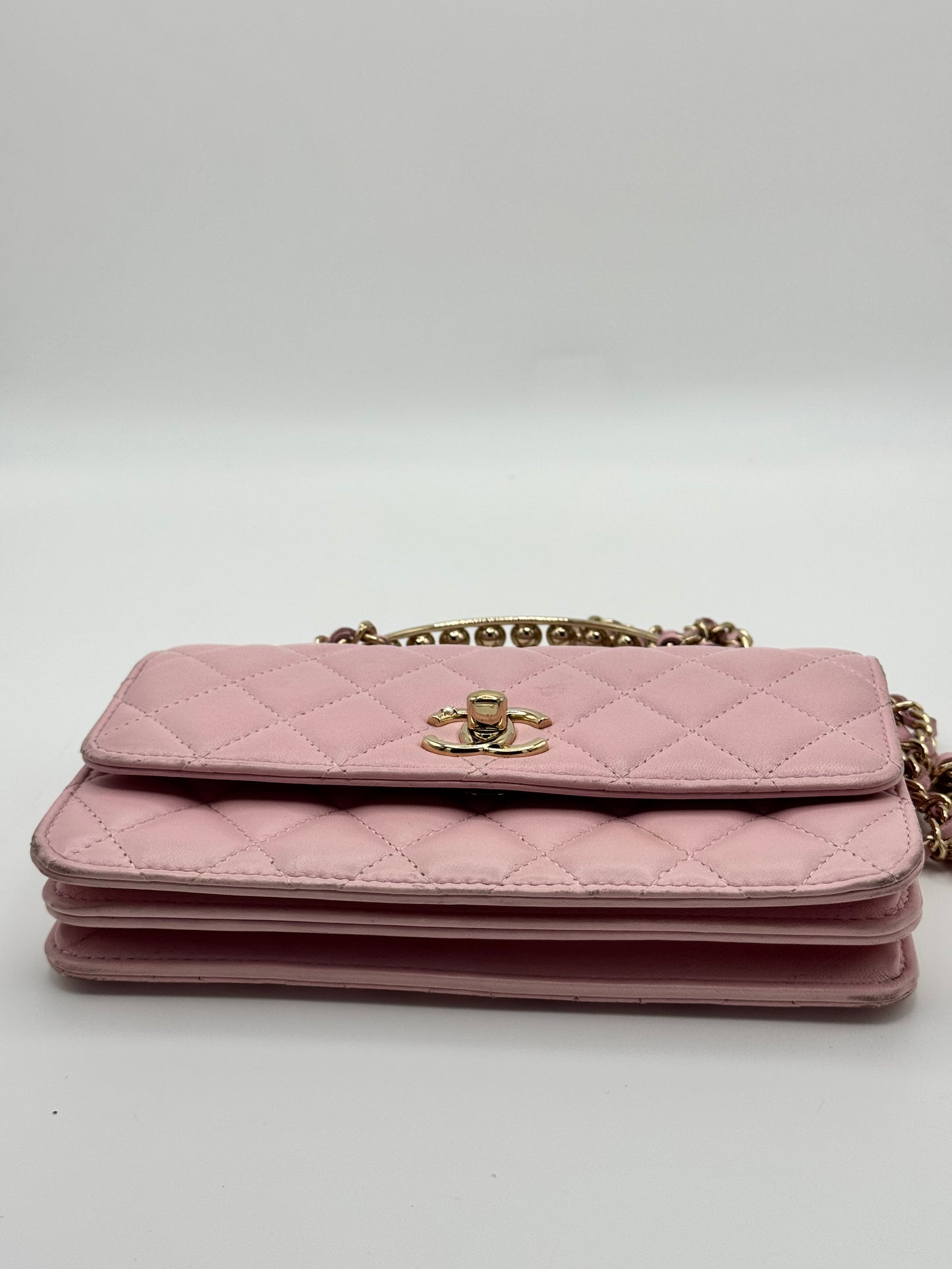 Chanel Lambskin Pearl Top Handle Wallet On Chain WOC Light Pink