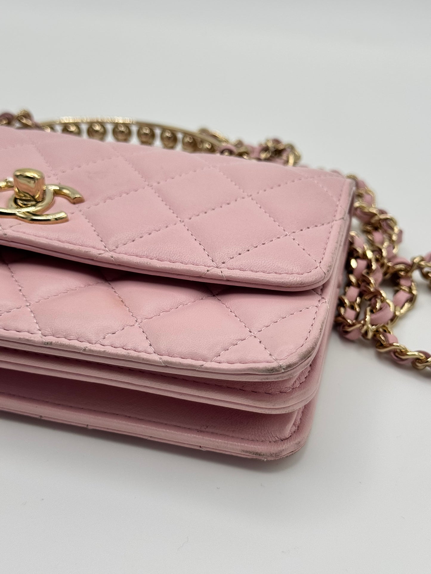Chanel Lambskin Pearl Top Handle Wallet On Chain WOC Light Pink