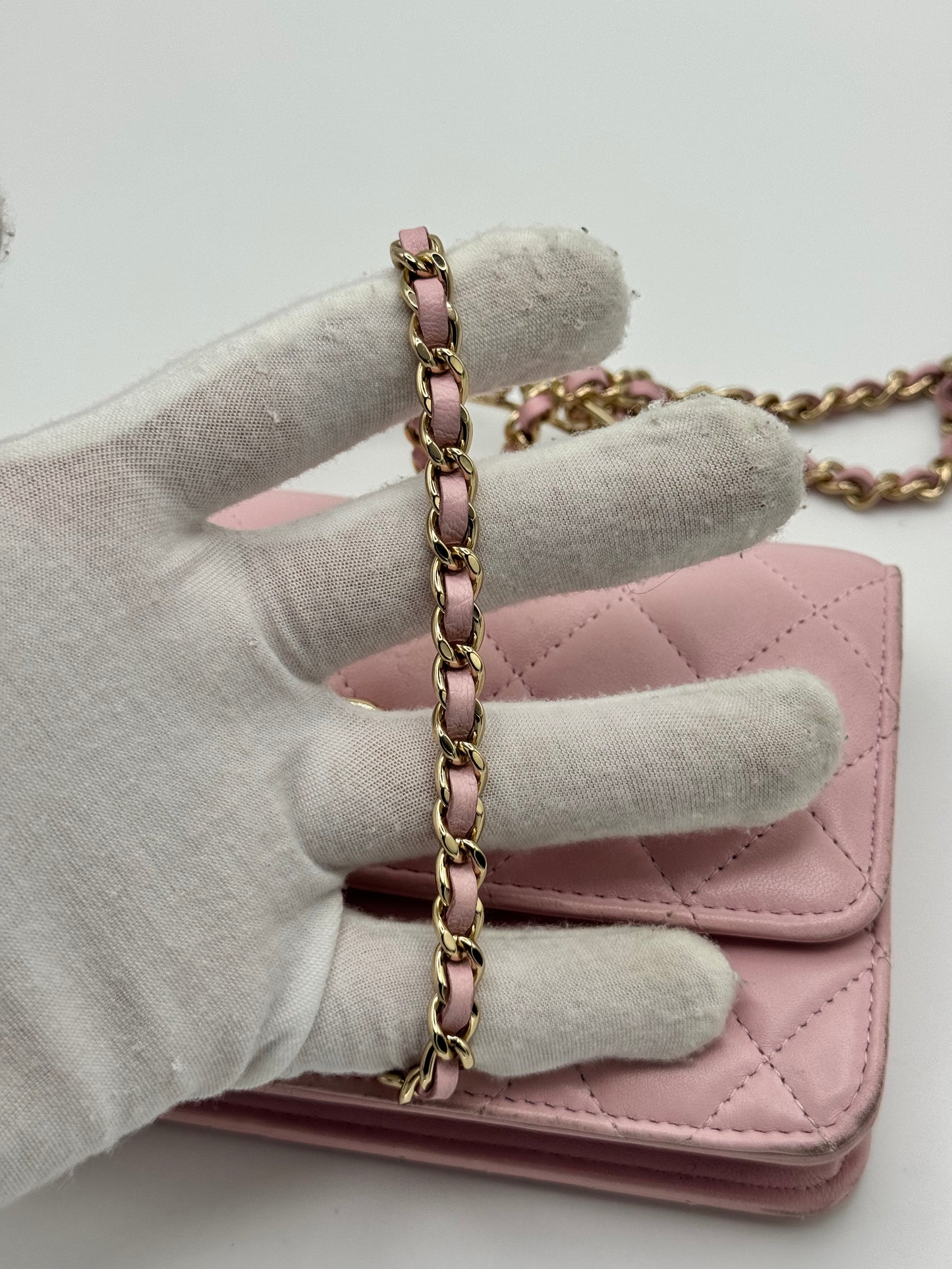 Chanel Lambskin Pearl Top Handle Wallet On Chain WOC Light Pink