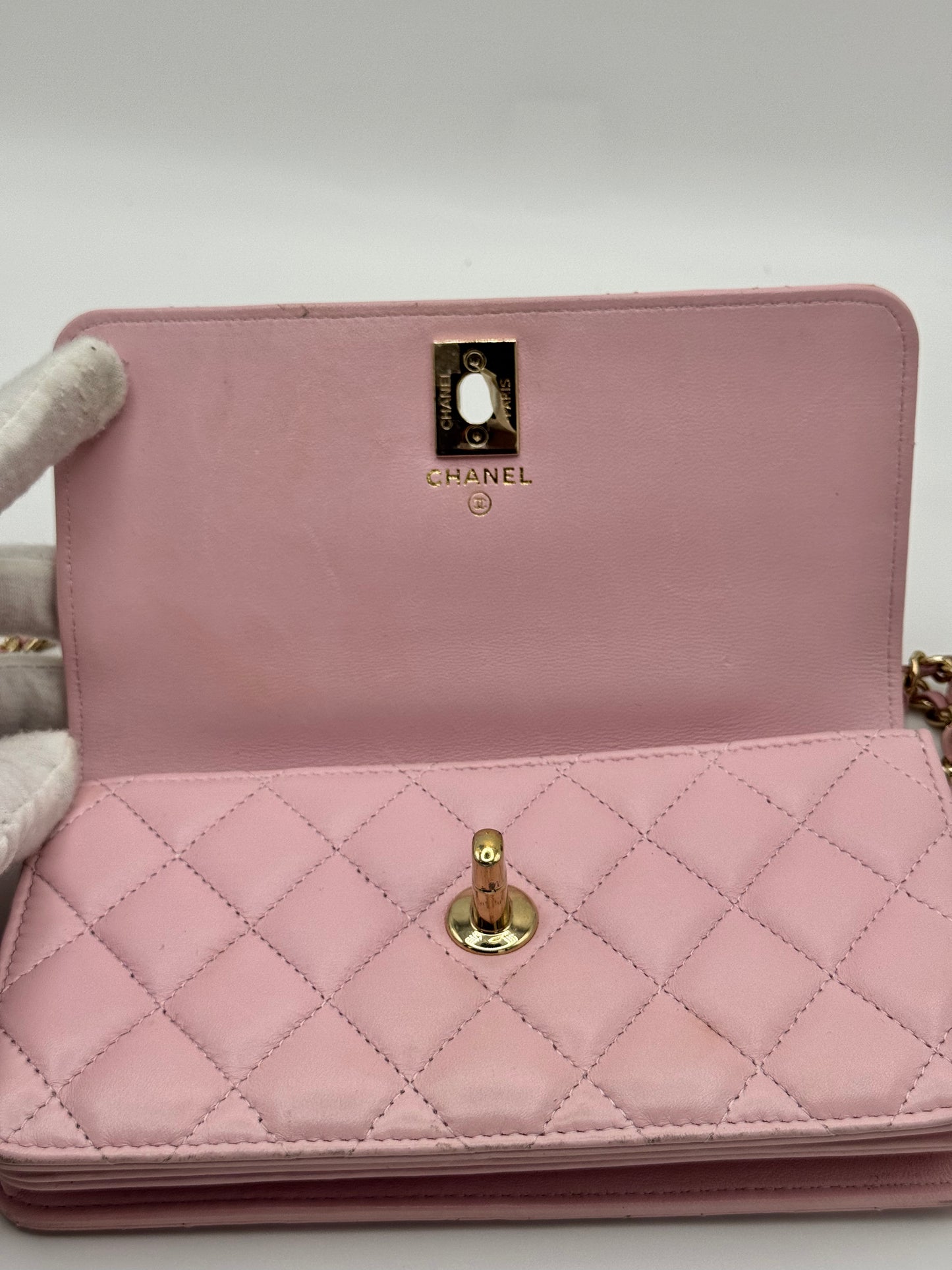 Chanel Lambskin Pearl Top Handle Wallet On Chain WOC Light Pink