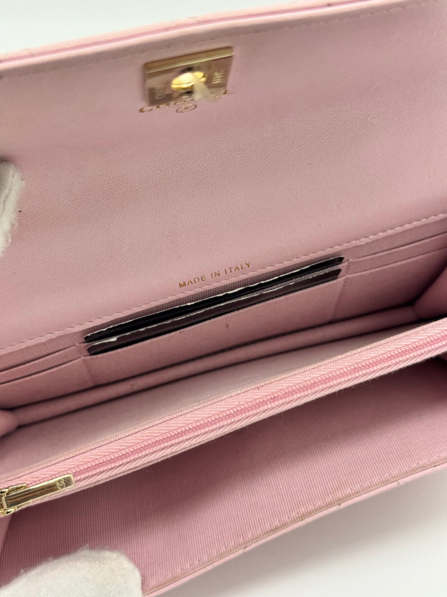Chanel Lambskin Pearl Top Handle Wallet On Chain WOC Light Pink