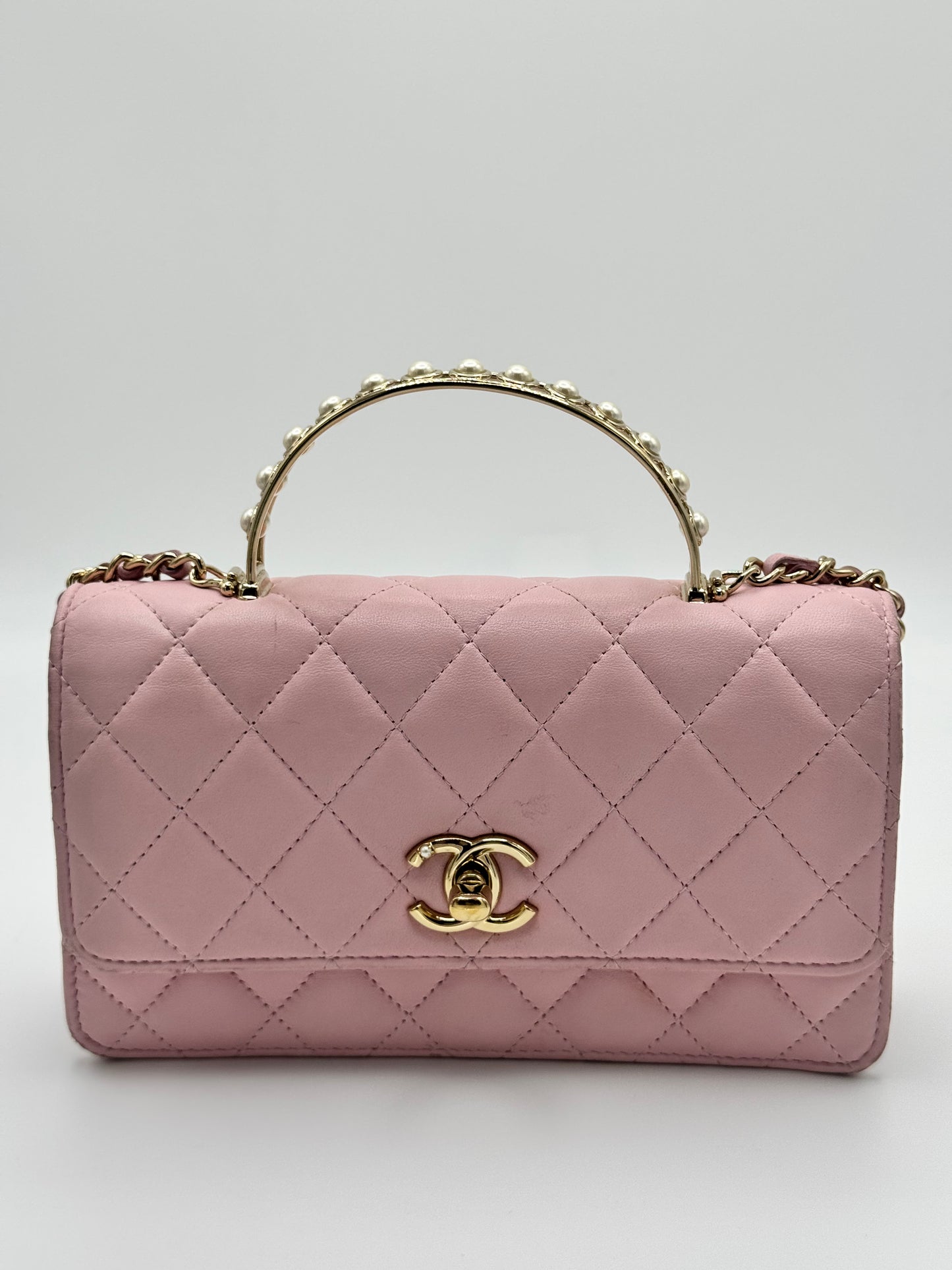 Chanel Lambskin Pearl Top Handle Wallet On Chain WOC Light Pink