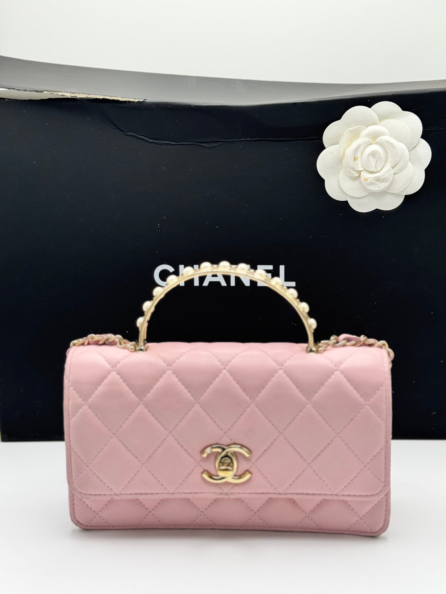 Chanel Lambskin Pearl Top Handle Wallet On Chain WOC Light Pink