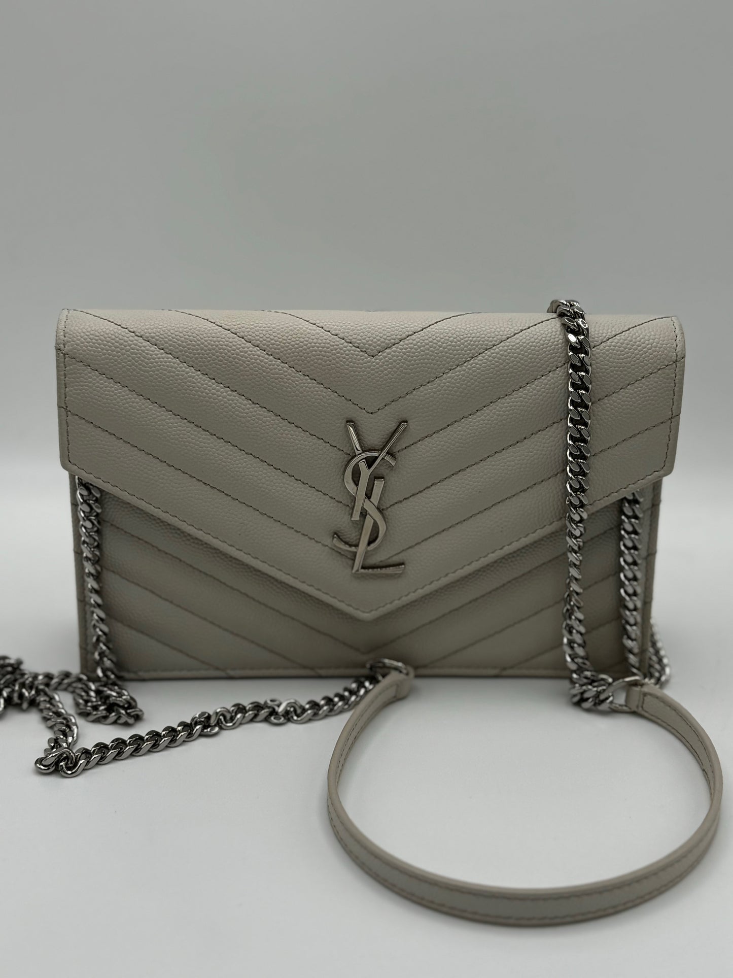 Saint Laurent Grain De Poudre Matelasse Chevron Monogram Envelope Chain Wallet