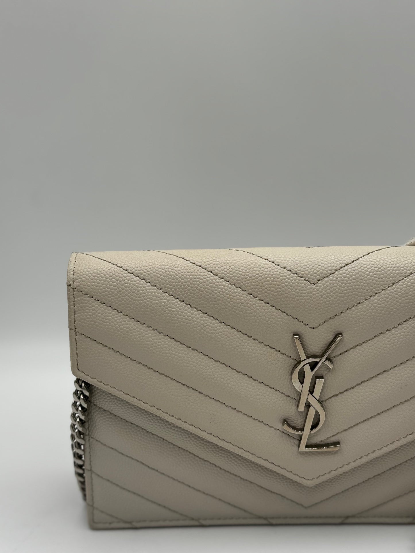 Saint Laurent Grain De Poudre Matelasse Chevron Monogram Envelope Chain Wallet