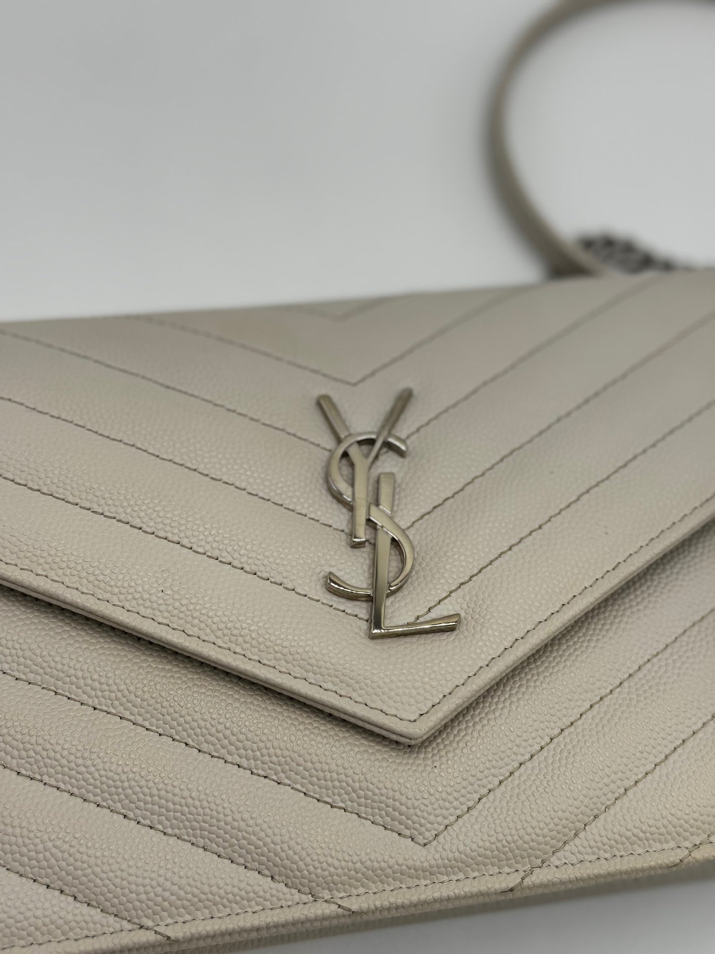 Saint Laurent Grain De Poudre Matelasse Chevron Monogram Envelope Chain Wallet