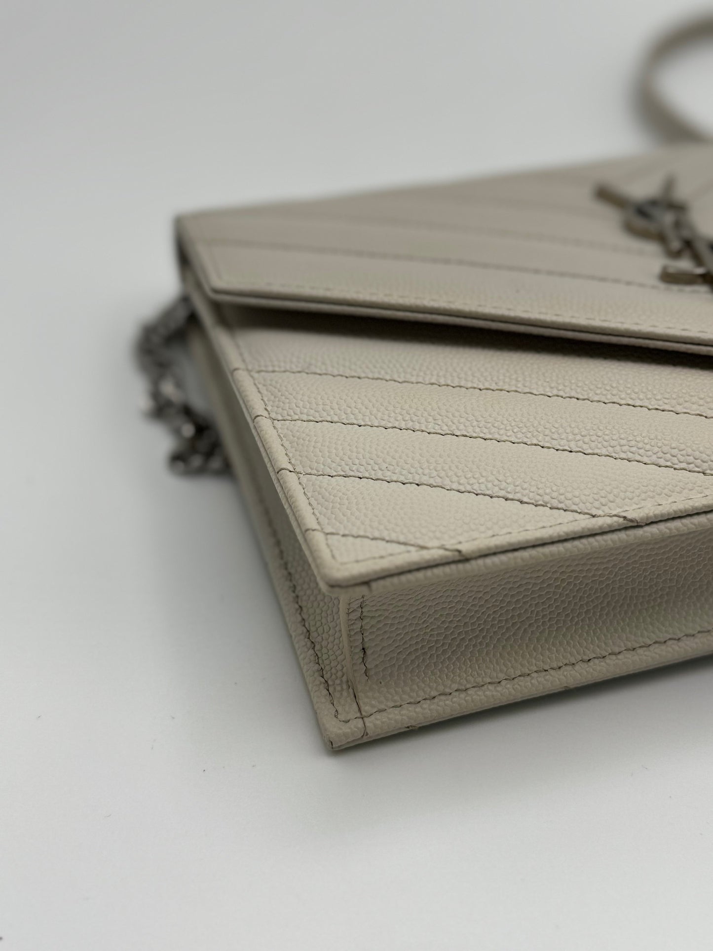 Saint Laurent Grain De Poudre Matelasse Chevron Monogram Envelope Chain Wallet