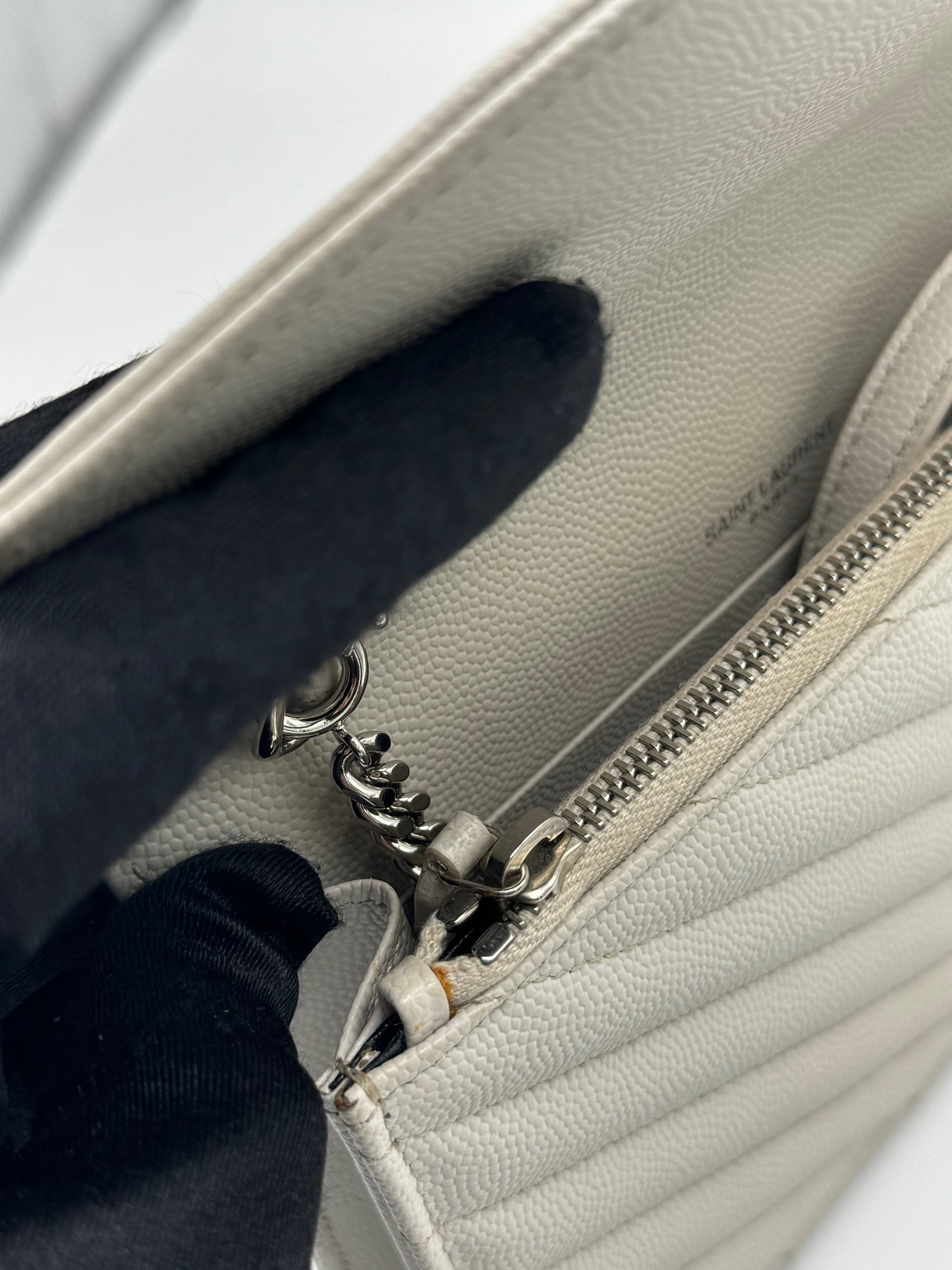 Saint Laurent Grain De Poudre Matelasse Chevron Monogram Envelope Chain Wallet