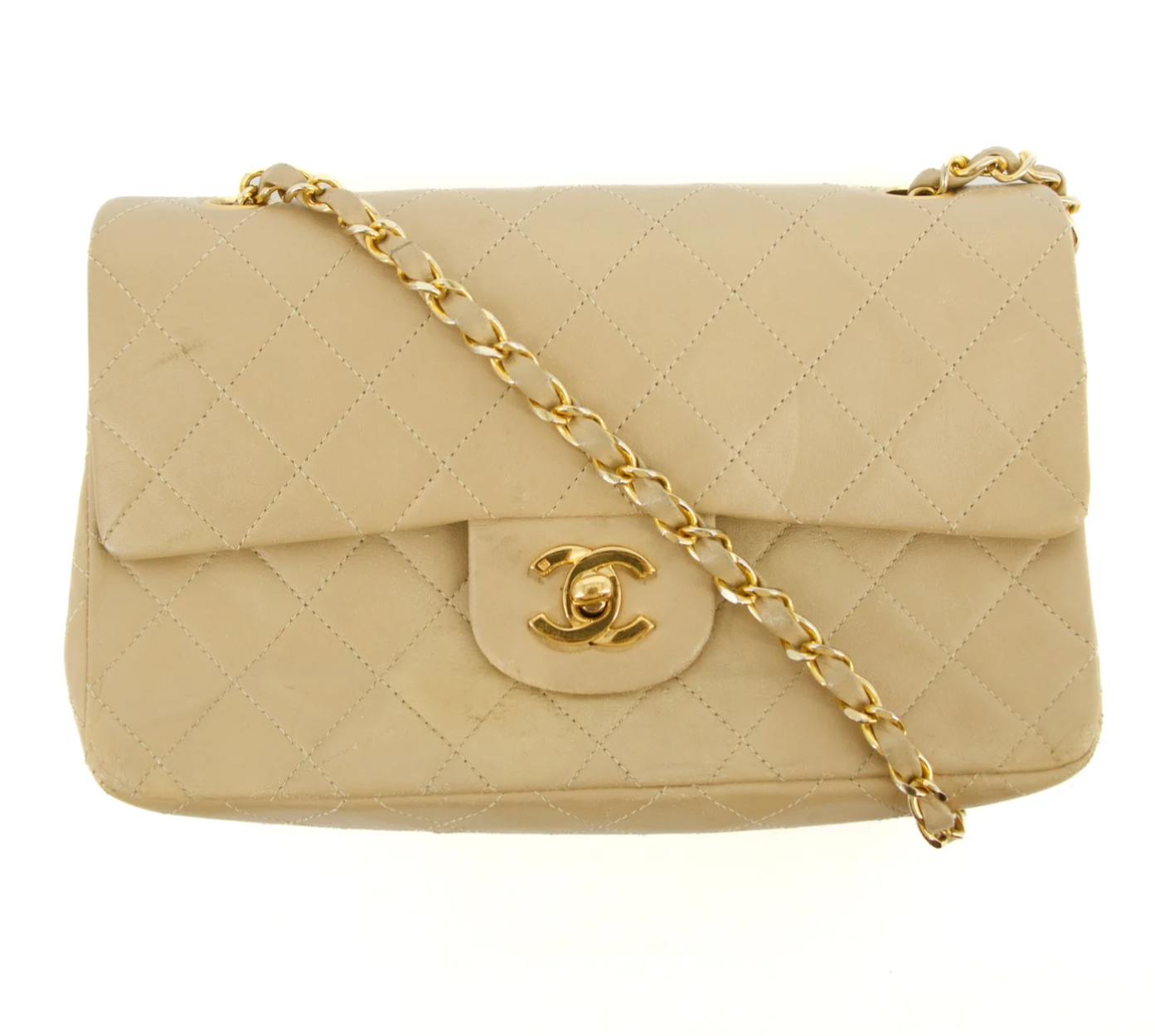 Chanel Lambskin Double Flap 23 Beige 24k Gold Turn Lock Shoulder Bag
