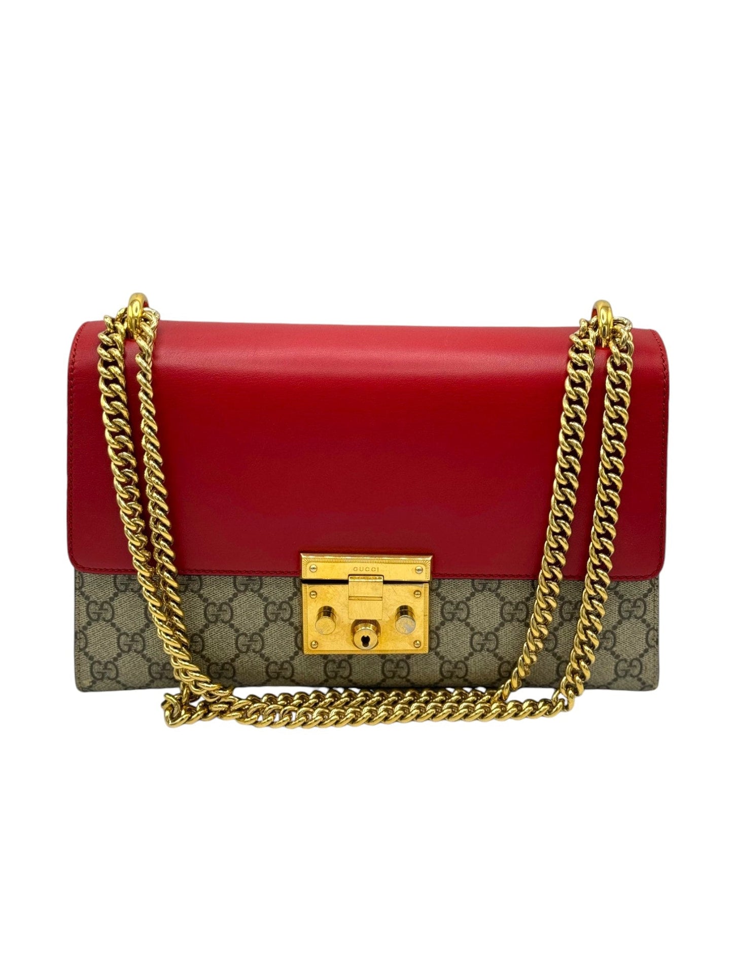 Gucci Red GG Supreme Coated Canvas Padlock Medium Shoulder Bag | Designerfindsforless