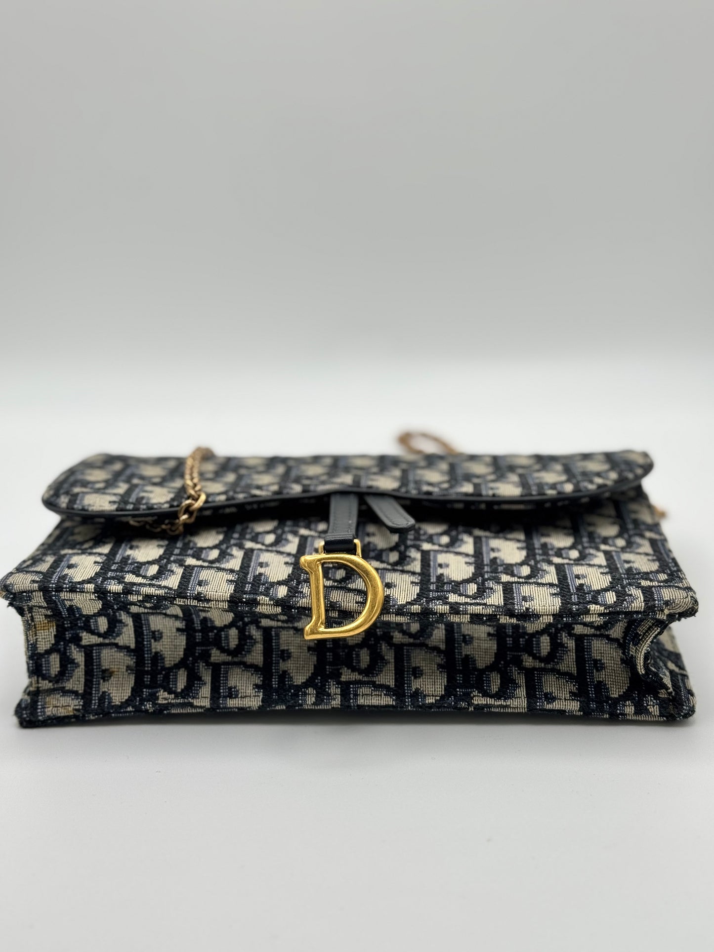 Dior Medium Saddle Pouch with Chain Blue Dior Oblique Jacquard